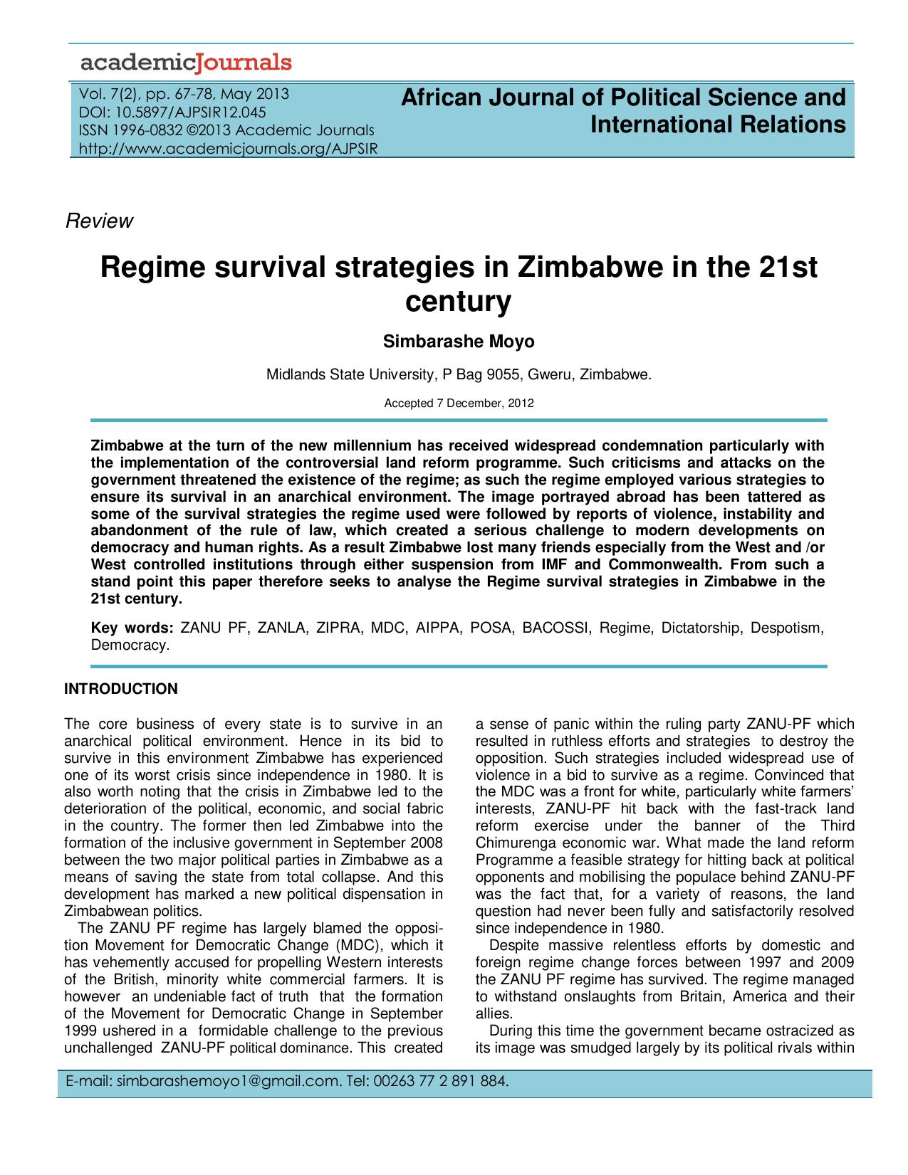 Regime survival strategies in Zimbabwe in the 21st