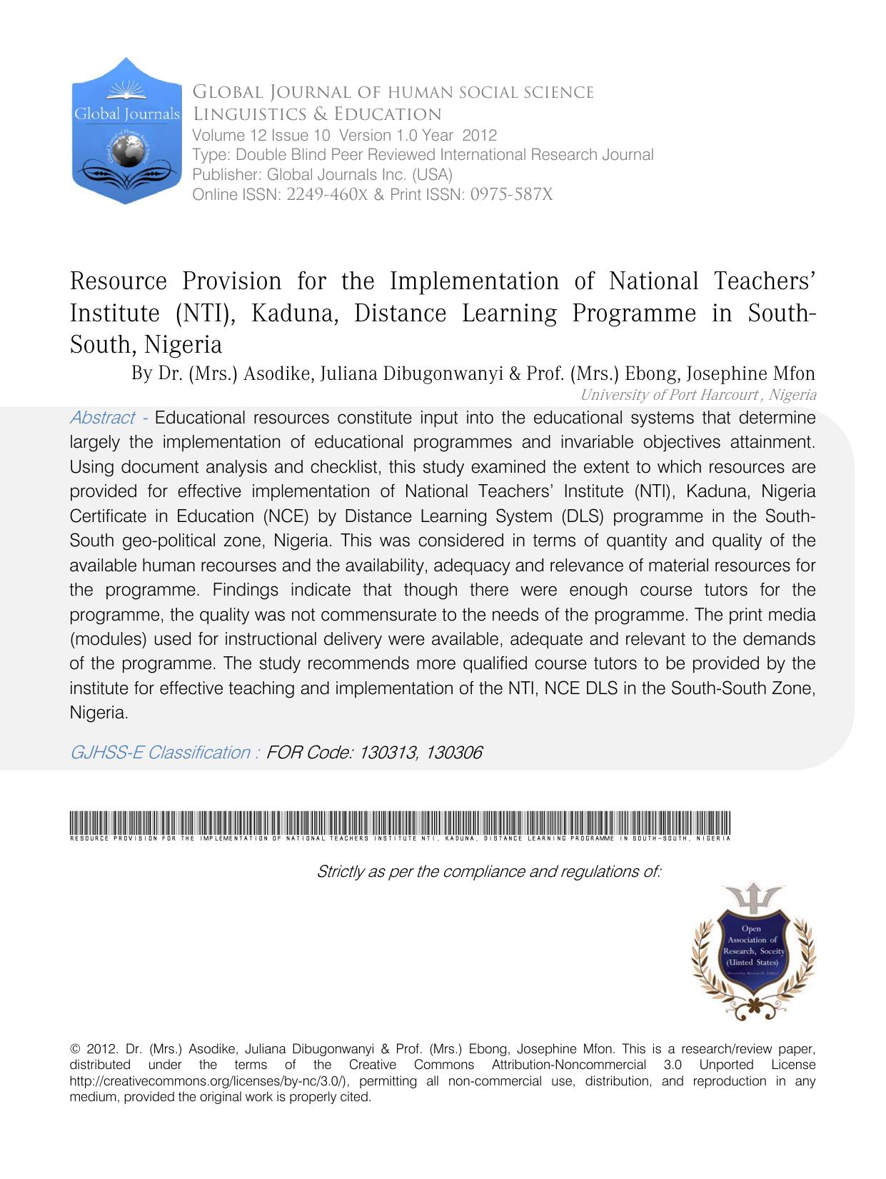 Resource Provision for the Implementation of National Teachers’ Institute (NTI), Kaduna, Distance Learning Programme in South-South, Nigeria