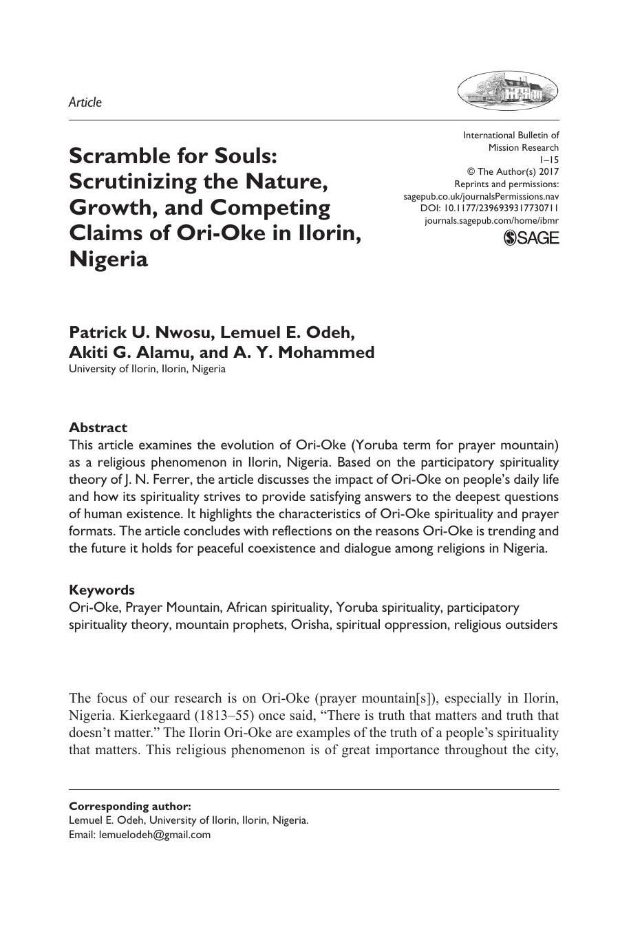 Scramble for Souls Scrutinizing the Nature, Growth, and Competing Claims of Ori-Oke in Ilorin, Nigeria