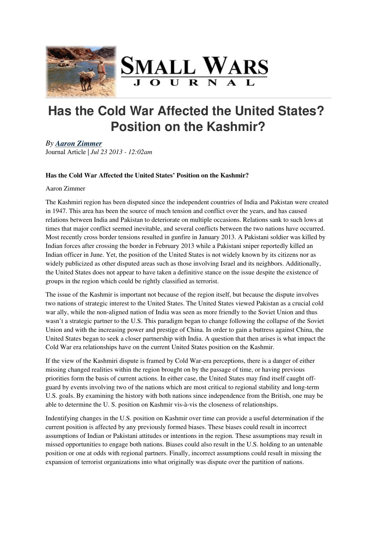 Has the Cold War Affected the United States? Position on the Kashmir?
