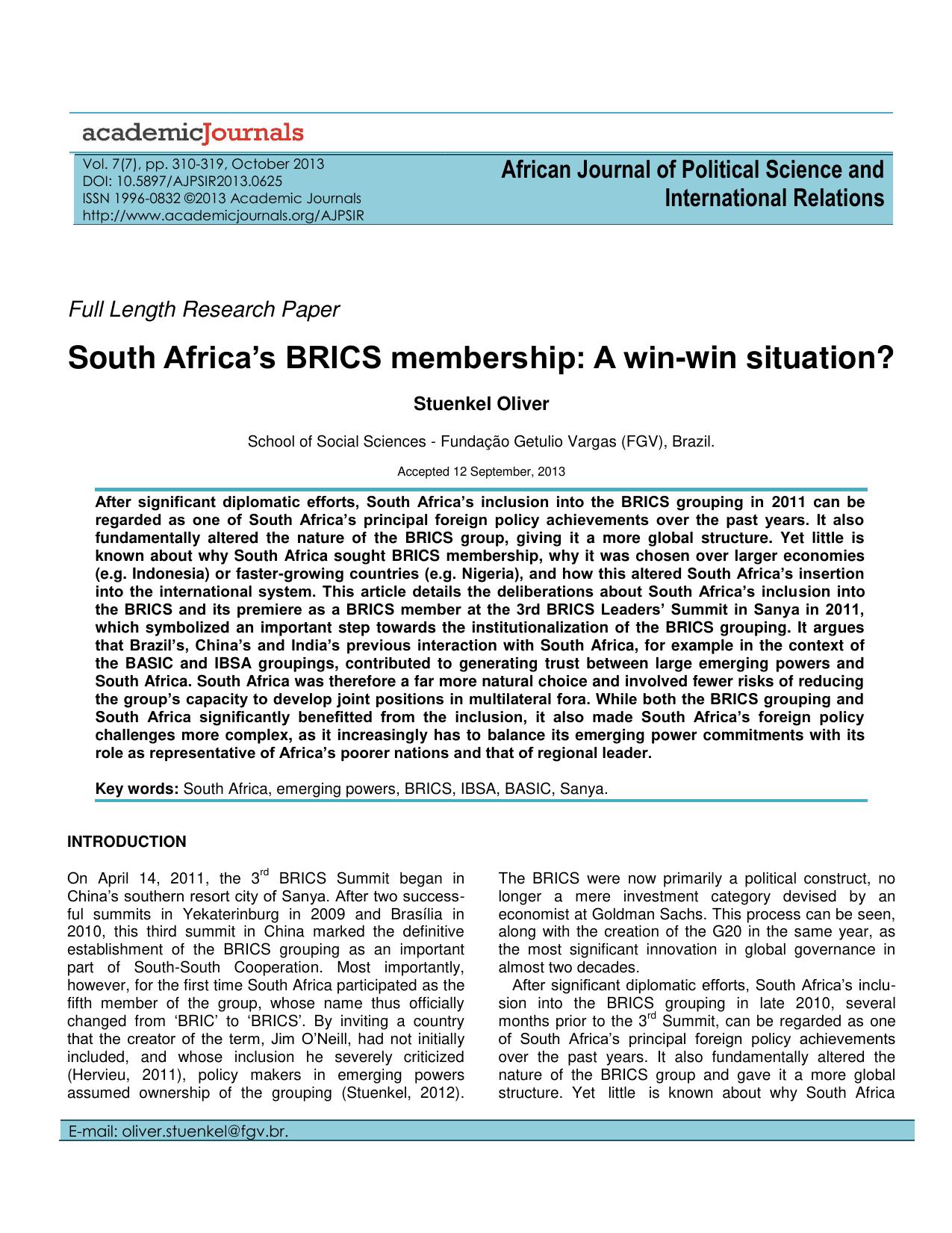South Africa’s BRICS membership A win-win situation 2013