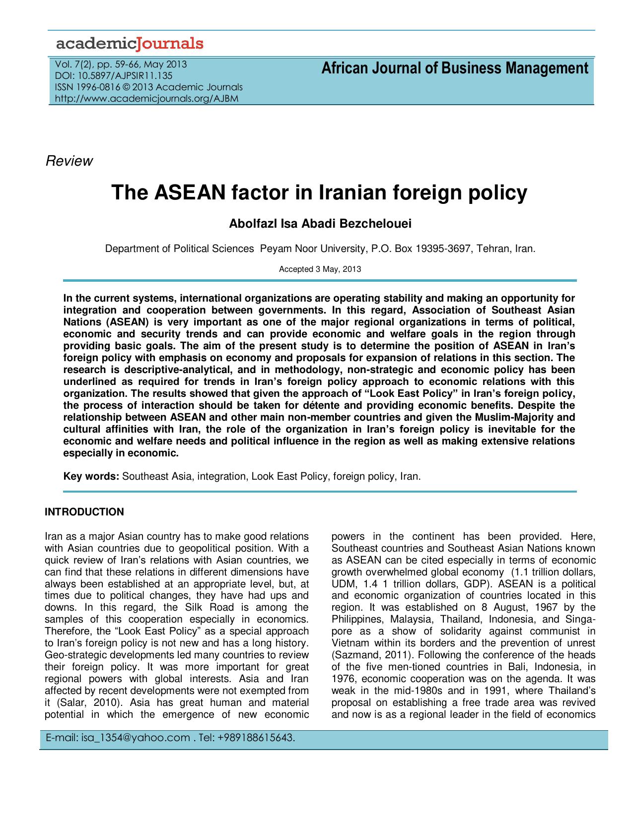 The ASEAN factor in Iranian foreign policy 2013