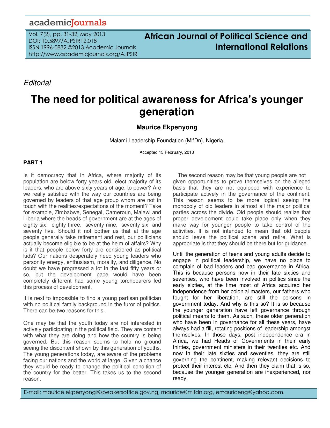 The need for political awareness for Africa’s younger generation