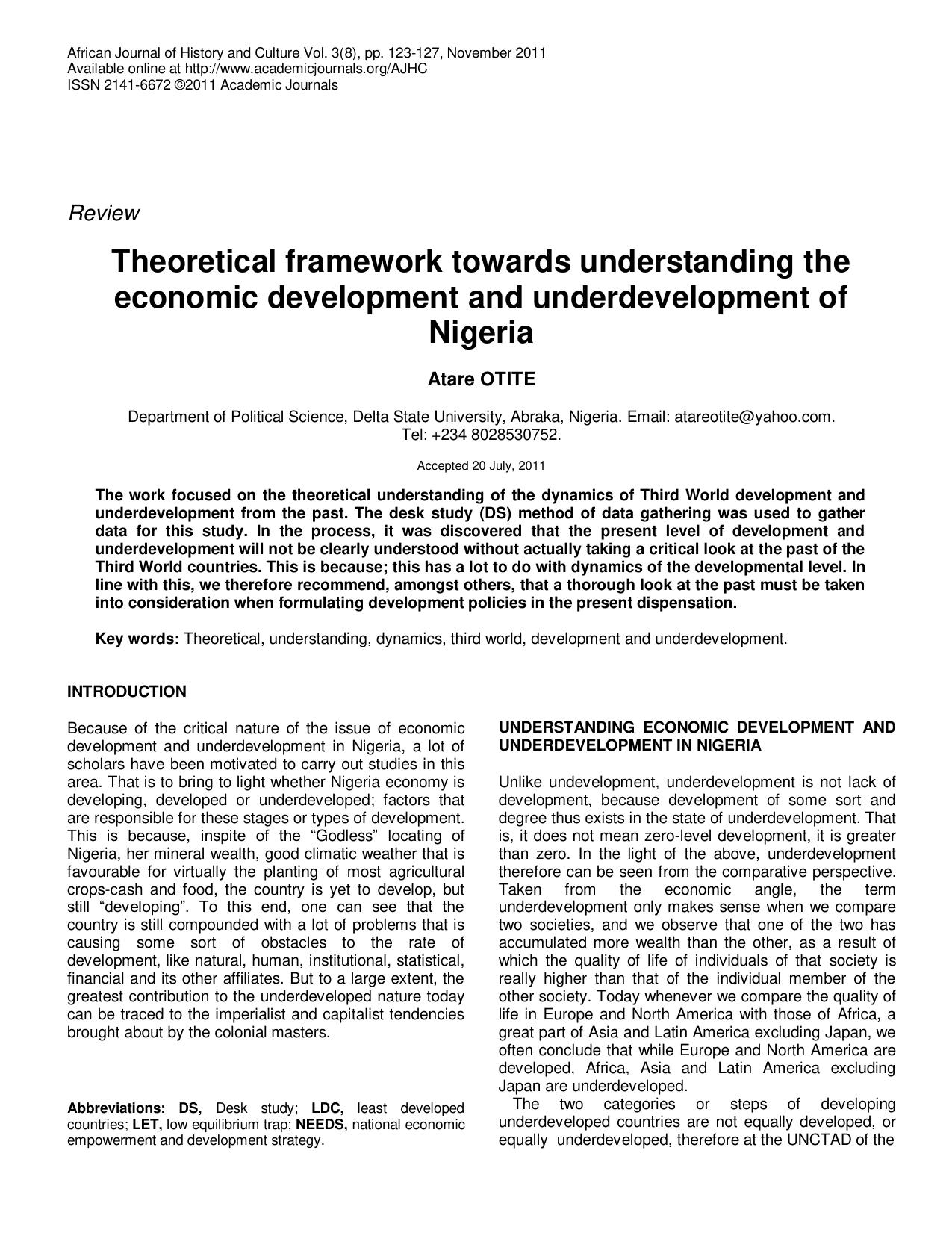 THEORETICAL FRAMEWORK TOWARDS UNDERSTANDING THE ECONOMIC DEVELOPMENT AND UNDERDEVELOPMENT OF NIGERIA