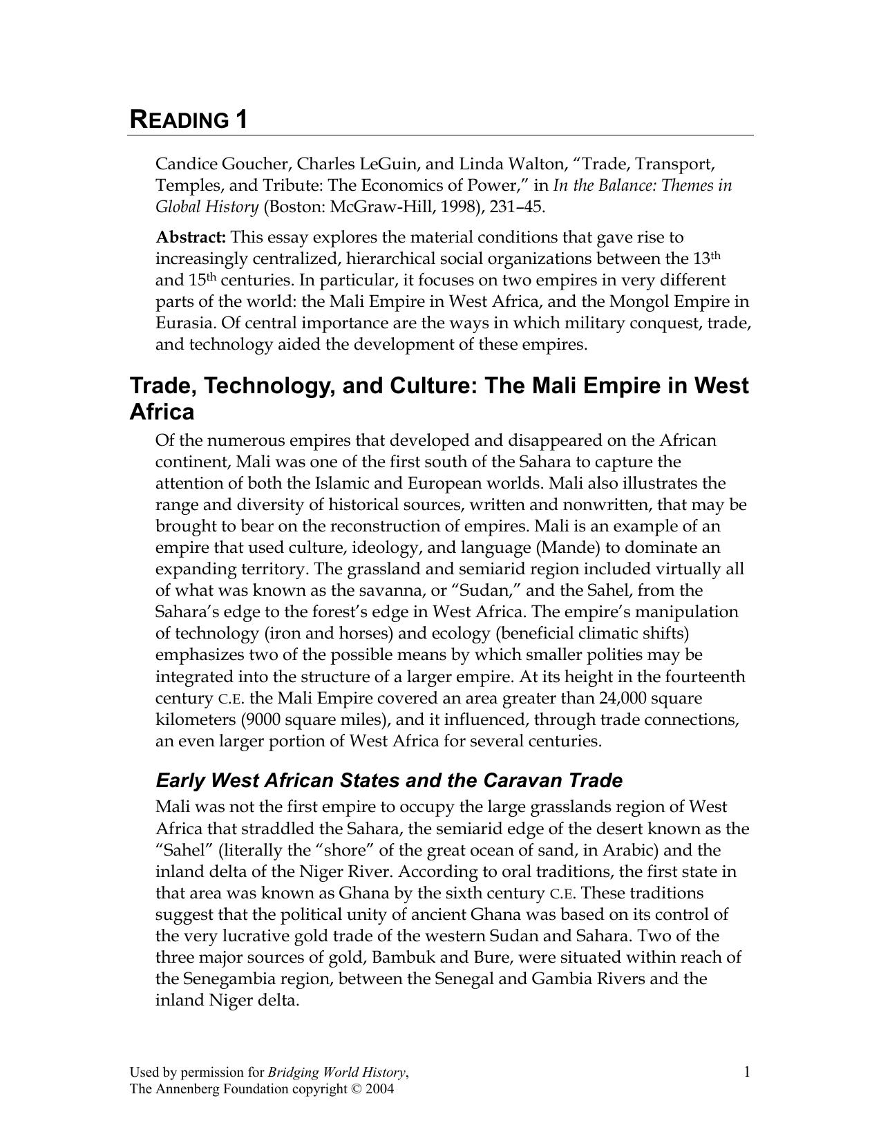 Trade, Technology, and Culture The Mali Empire in West
