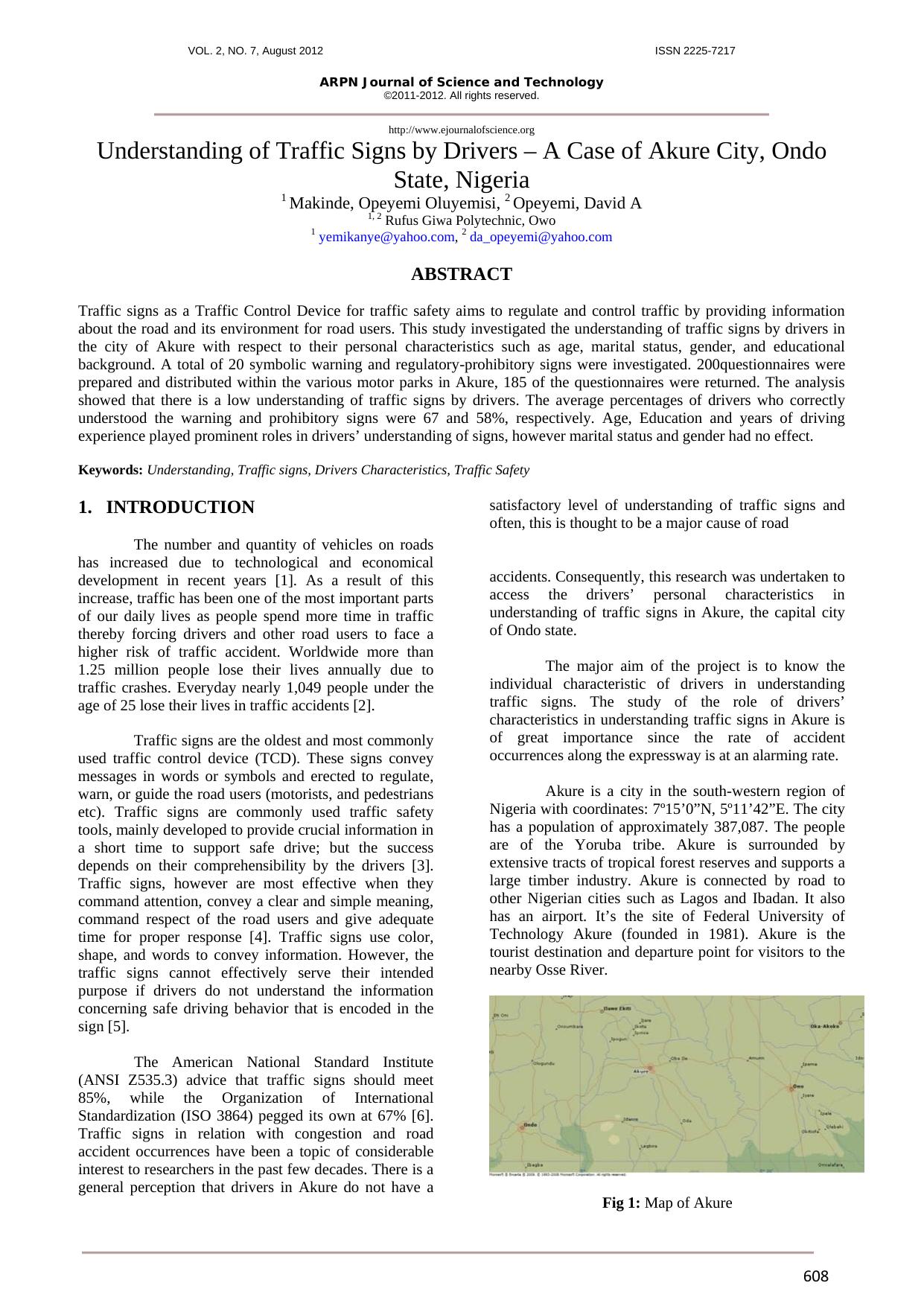 ARPN Journal of Science and Technology::Understanding of Traffic Signs by Drivers – A Case of Akure City, Ondo State, Nigeria