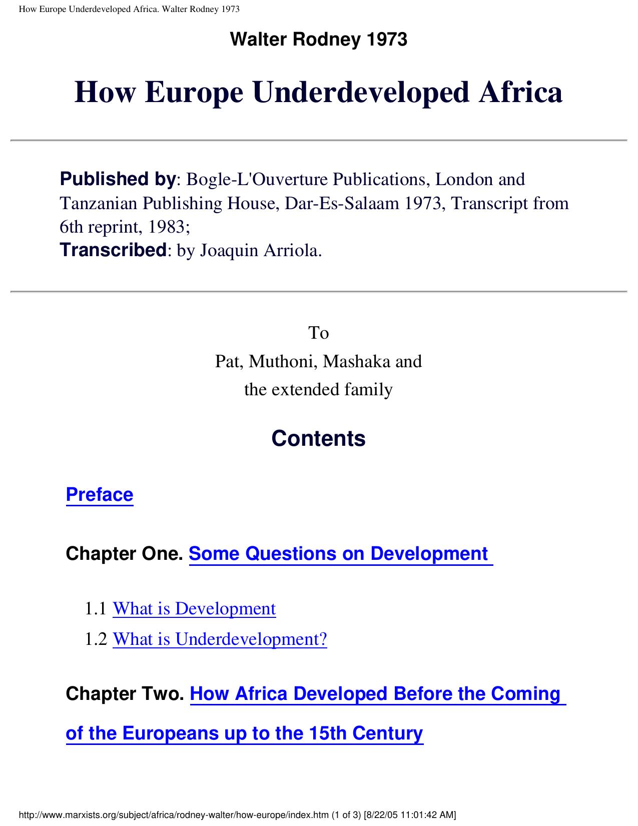How Europe Underdeveloped Africa. Walter Rodney 1973