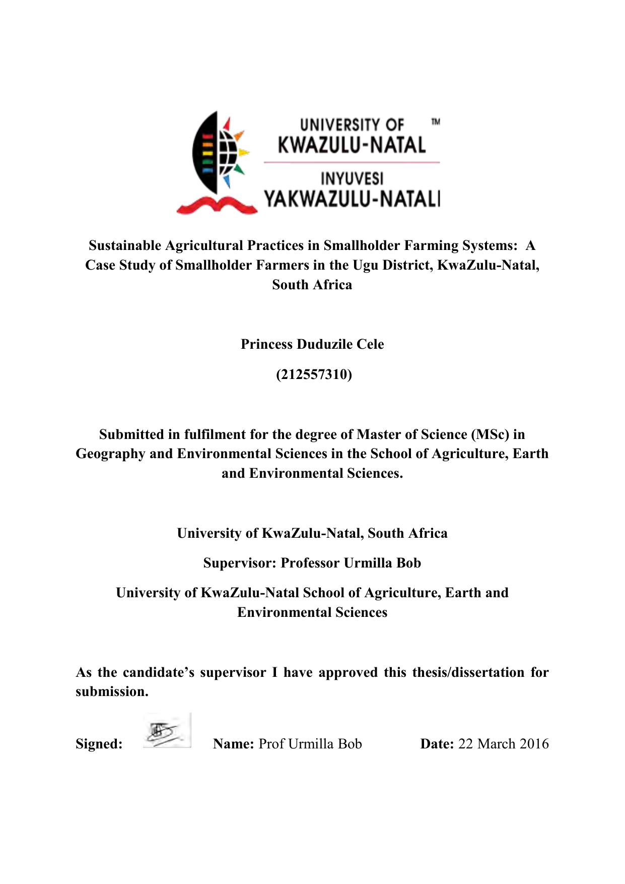 Sustainable Agricultural Practices in Smallholder Farming System Cele Princess Duduzile 2016