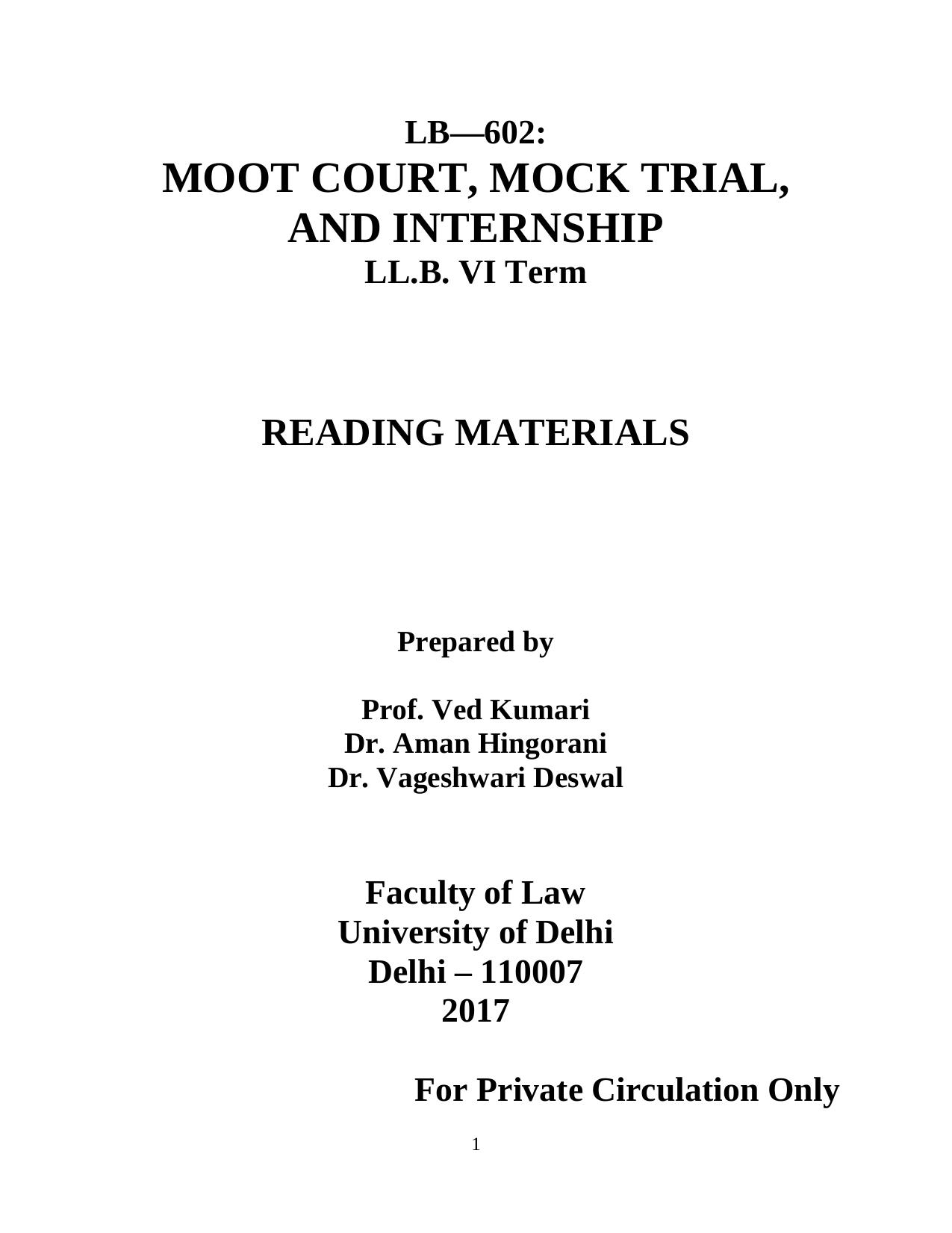 Moot Court Mock Trial and Internshipl 2017