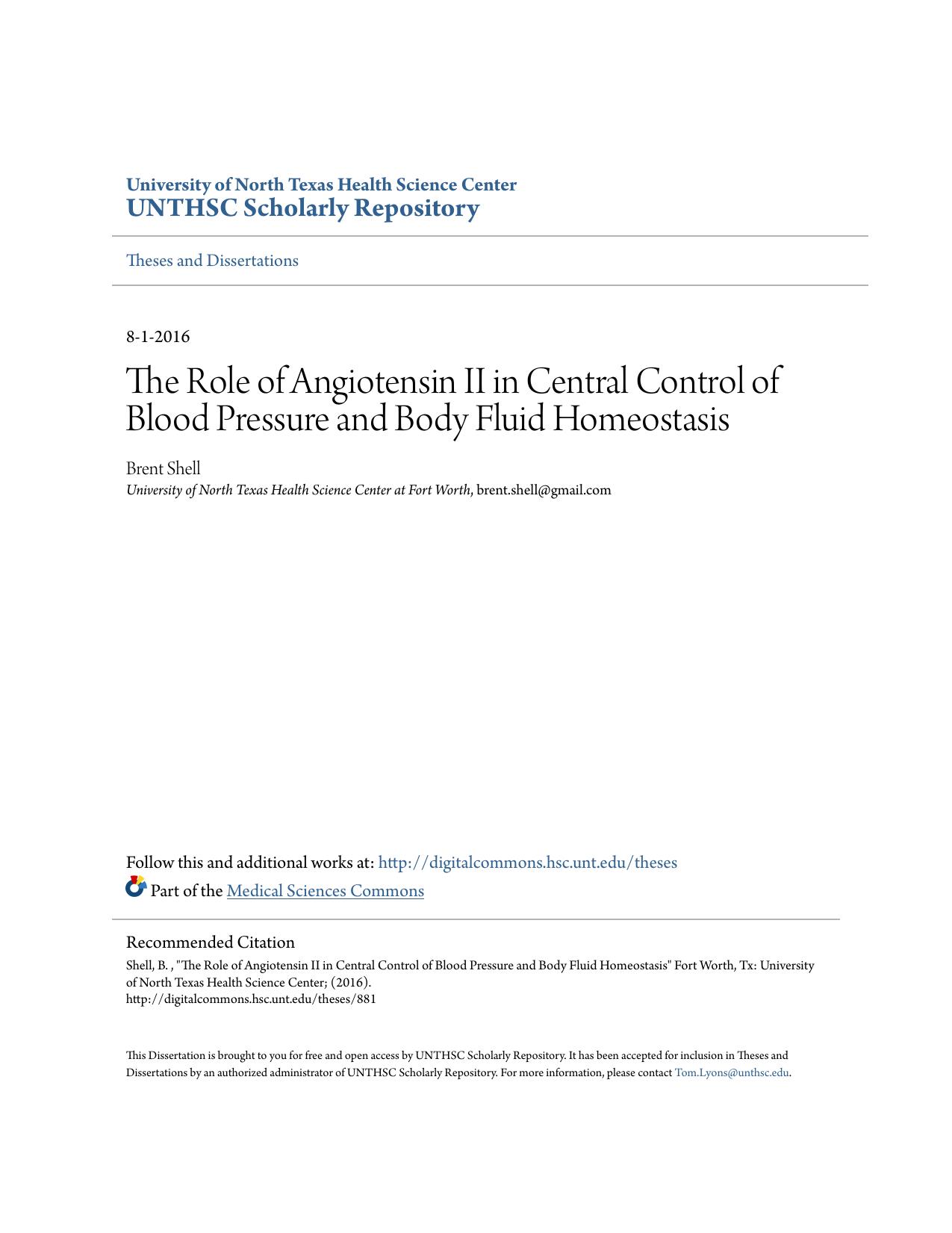 The Role of Angiotensin II in Central Control of Blood Pressure and Body Fluid Homeostasis