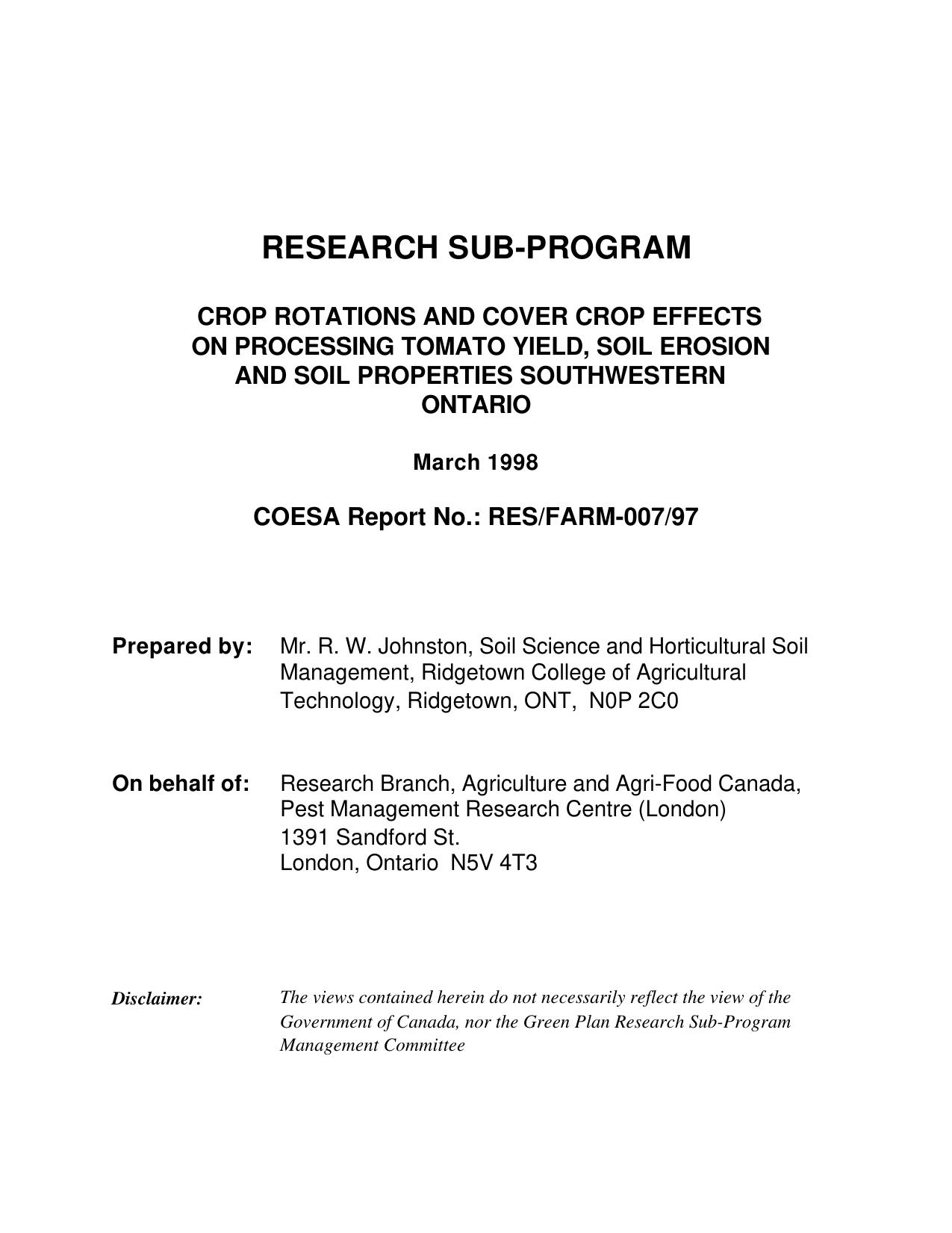 CROP ROTATIONS AND COVER CROP EFFECTS ON PROCESSING TOMATO YIELD, SOIL EROSION AND SOIL PROPERTIES SOUTHWESTERN ONTARIO