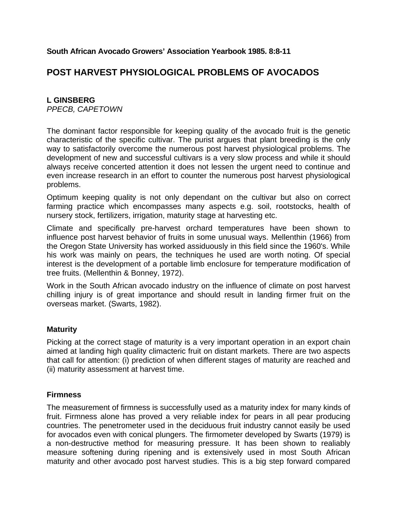 Post Harvest Physiological Problems of Avocados