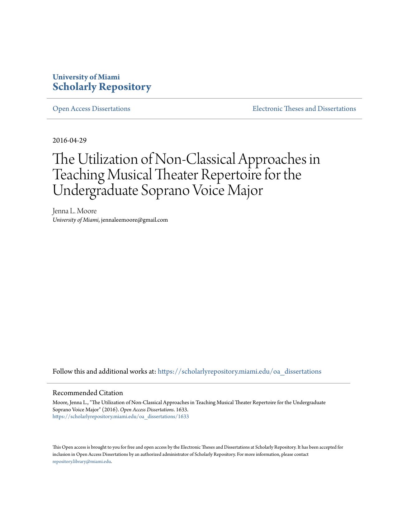 The Utilization of Non-Classical Approaches in Teaching  Musical Theater Repertoire for the Undergraduate Soprano Voice Major