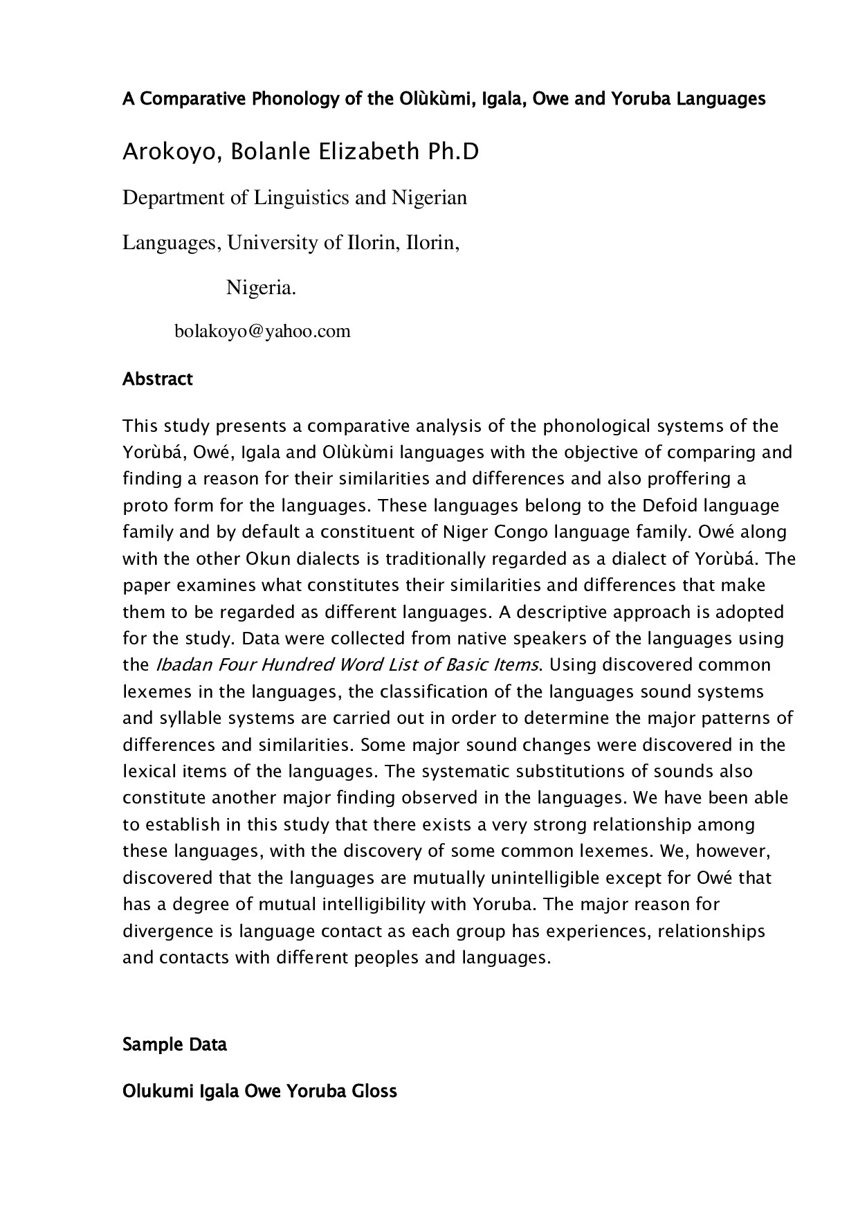 A Comparative Phonology of the Olùkùmi, Igala, Owe and Yoruba Languages