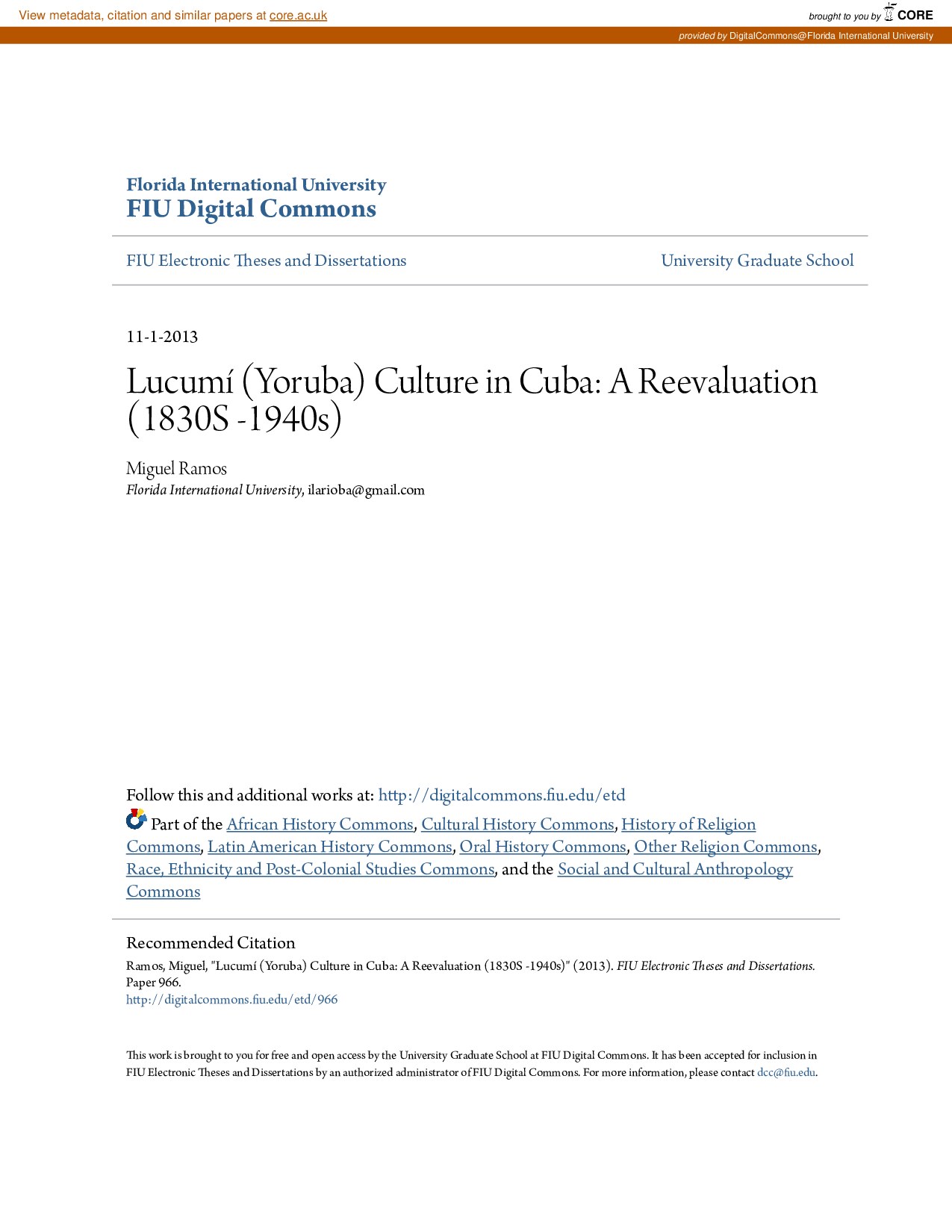 Lucumí (Yoruba) Culture in Cuba: A Reevaluation (1830S -1940s)