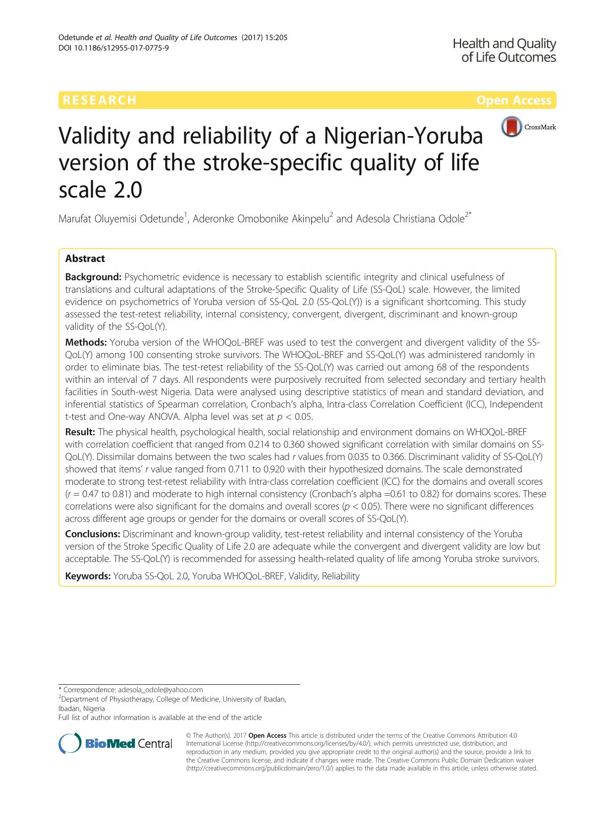 Validity and reliability of a Nigerian-Yoruba version of the stroke-specific quality of life scale 2.0