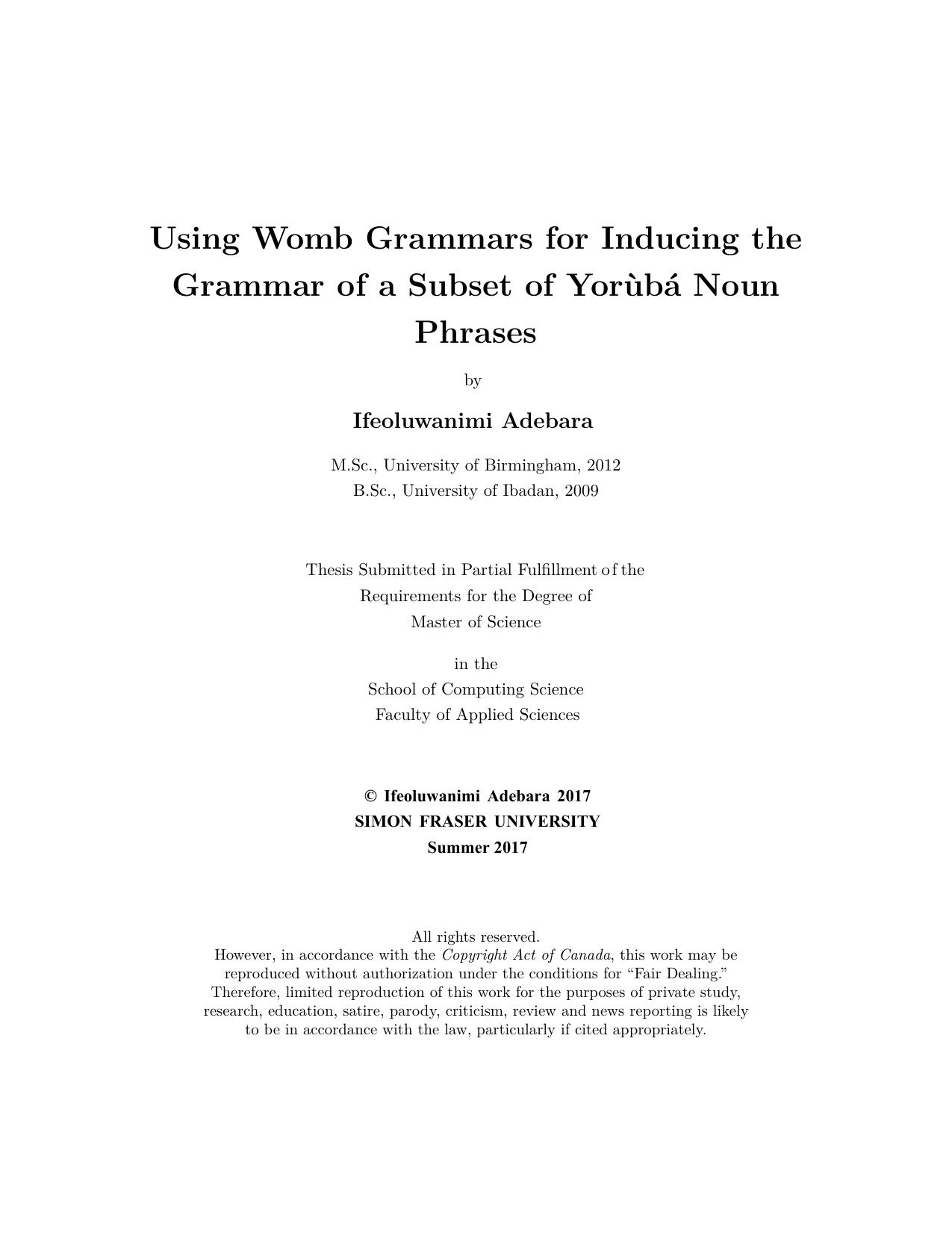 Using Womb Grammars for Inducing the Grammar of a Subset of Yorùbá Noun Phrases 2017