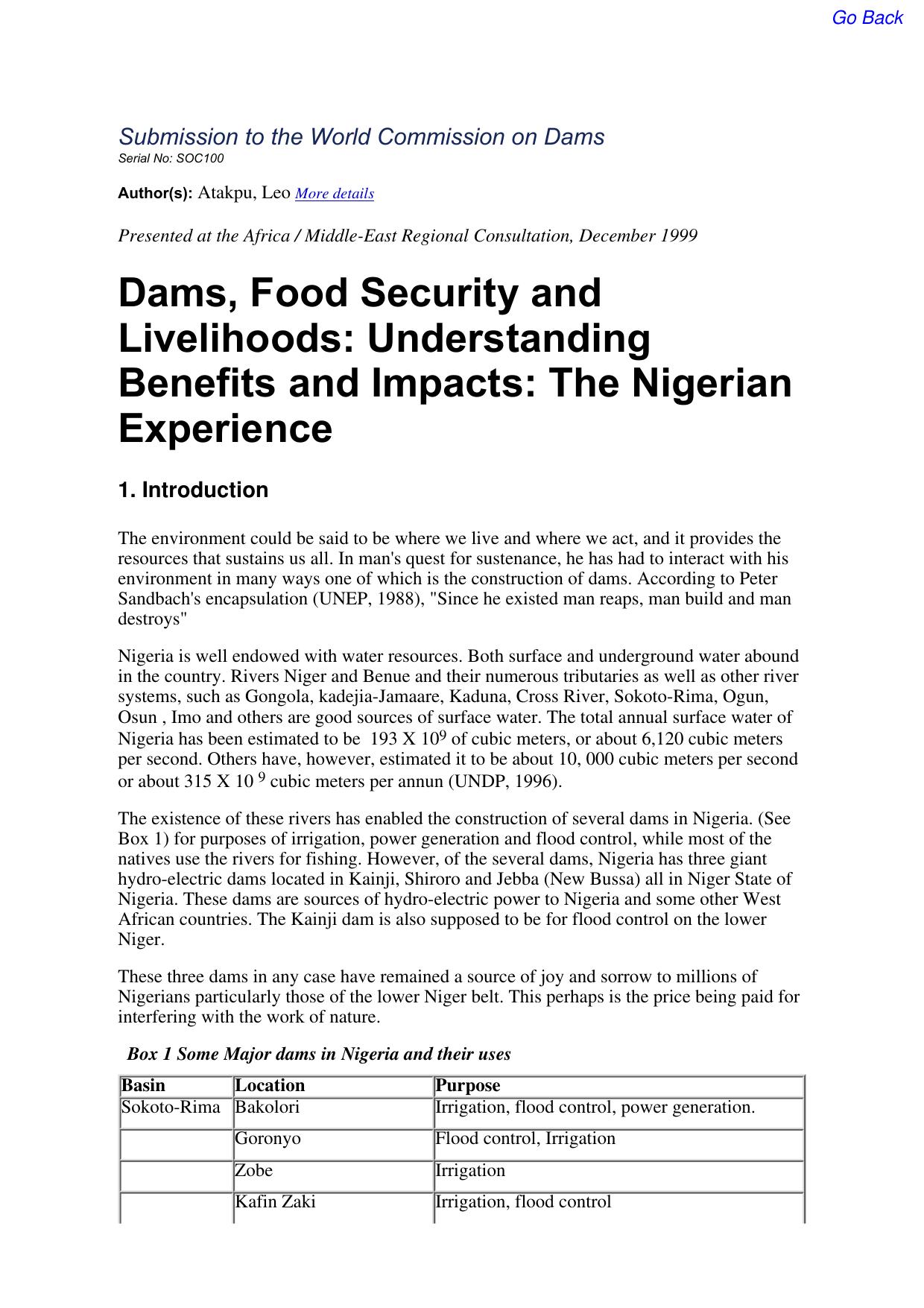 Dams, Food Security and