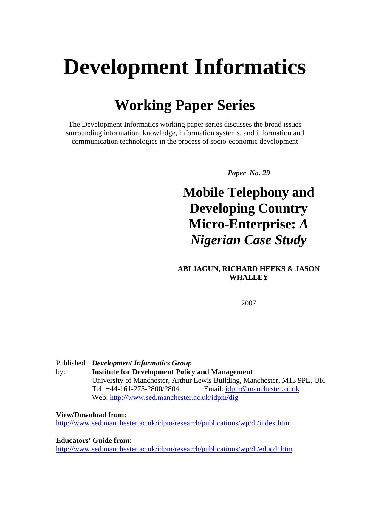 IDPM Development Informatics paper no.29: Mobile Telephony and Developing Country Micro-Enterprise