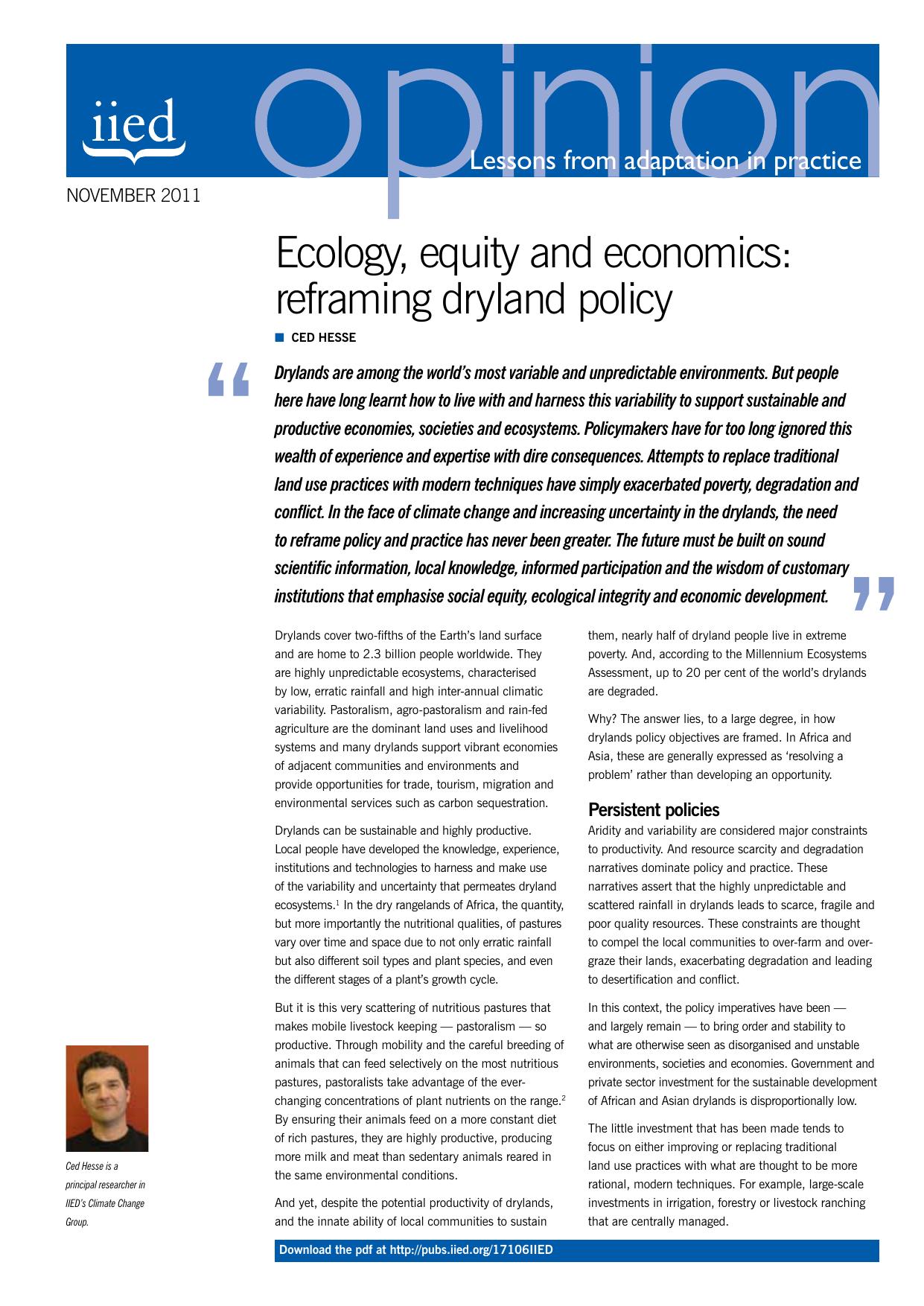 Ecology, equity and economics-reframing dryland policy. 2011