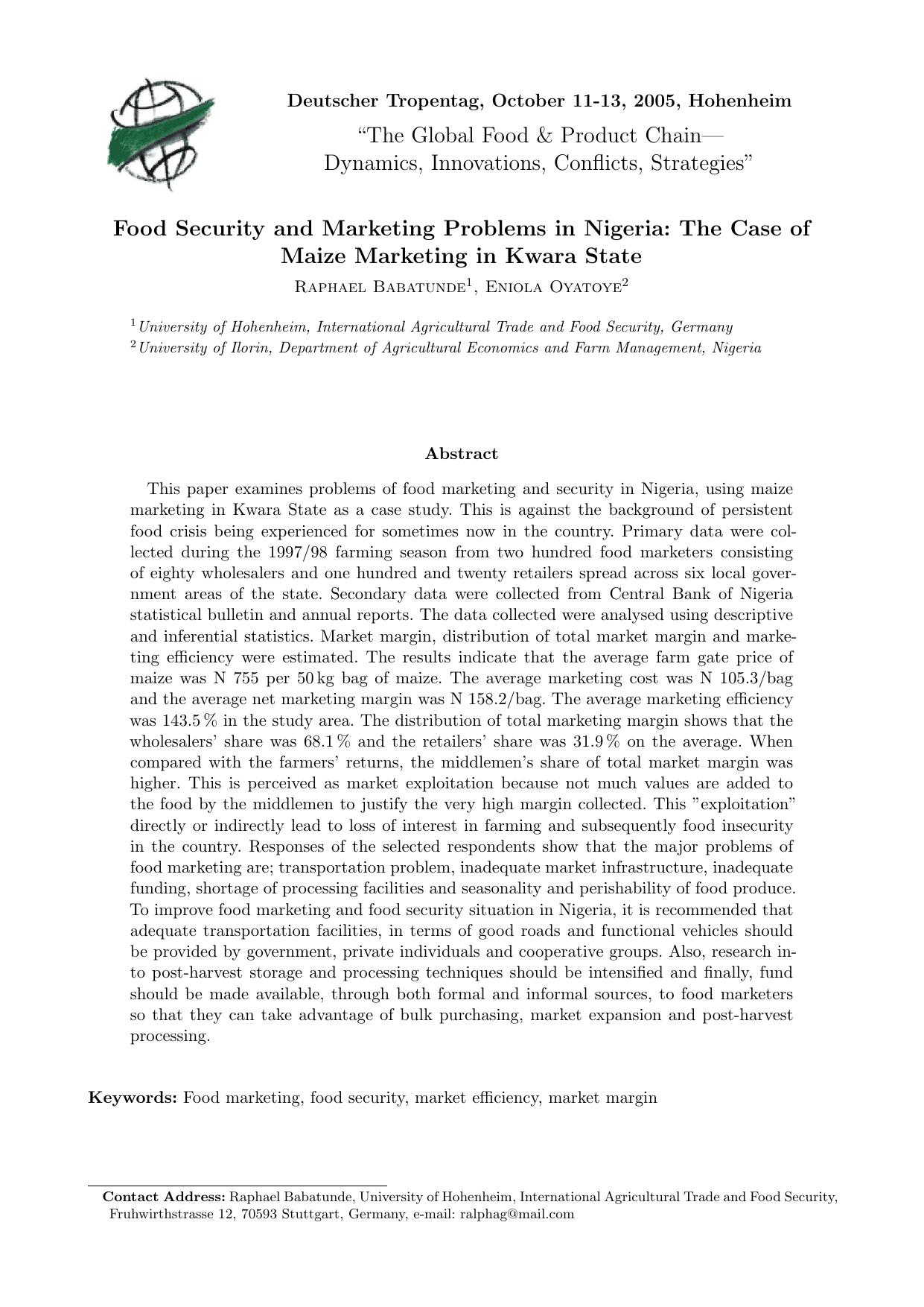 Food Security and Marketing Problems in Nigeria: The Case of Maize Marketing in Kwara State