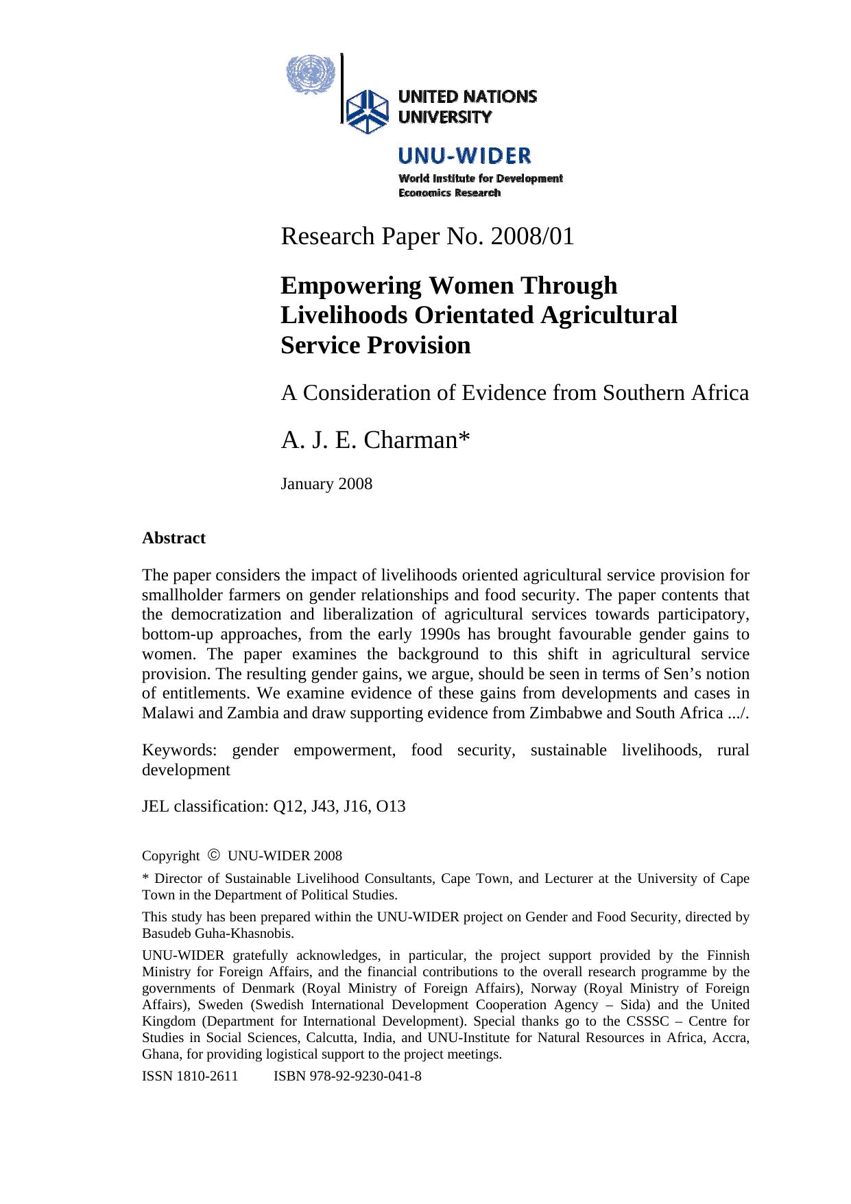 WIDER Research Paper 2008-01 Empowering Women Through Livelihoods Orientated Agricultural Service Provision: A Consideration of Evidence from Southern Africa