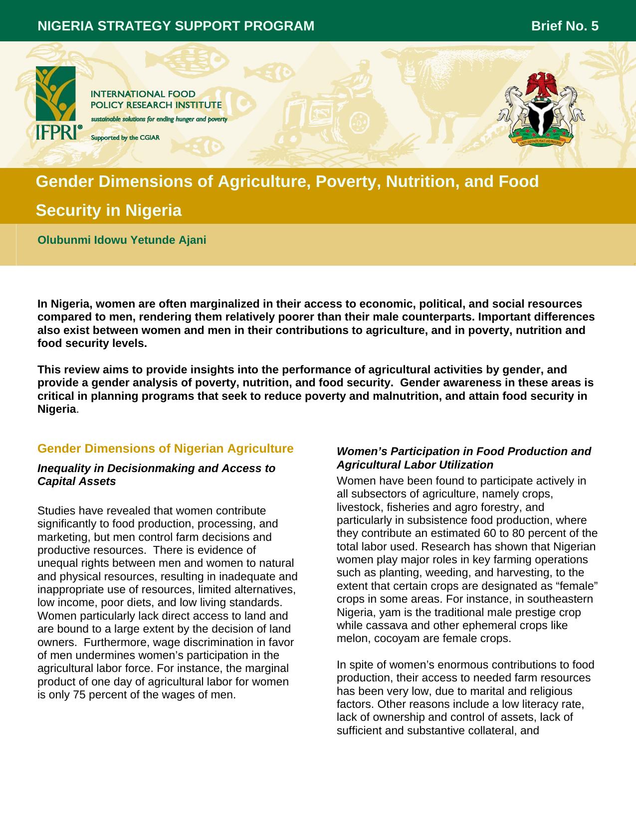 Gender Dimensions of Agriculture, Poverty, Nutrition, and Food Security in Nigeria