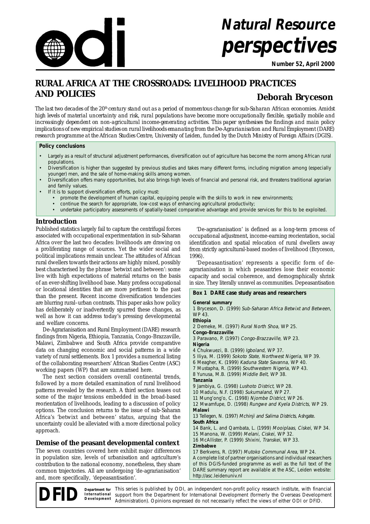 Rural Africa at the crossroads: Livelihood practices and policies - ODI Natural Resource Perspectives 52 - Briefing paper