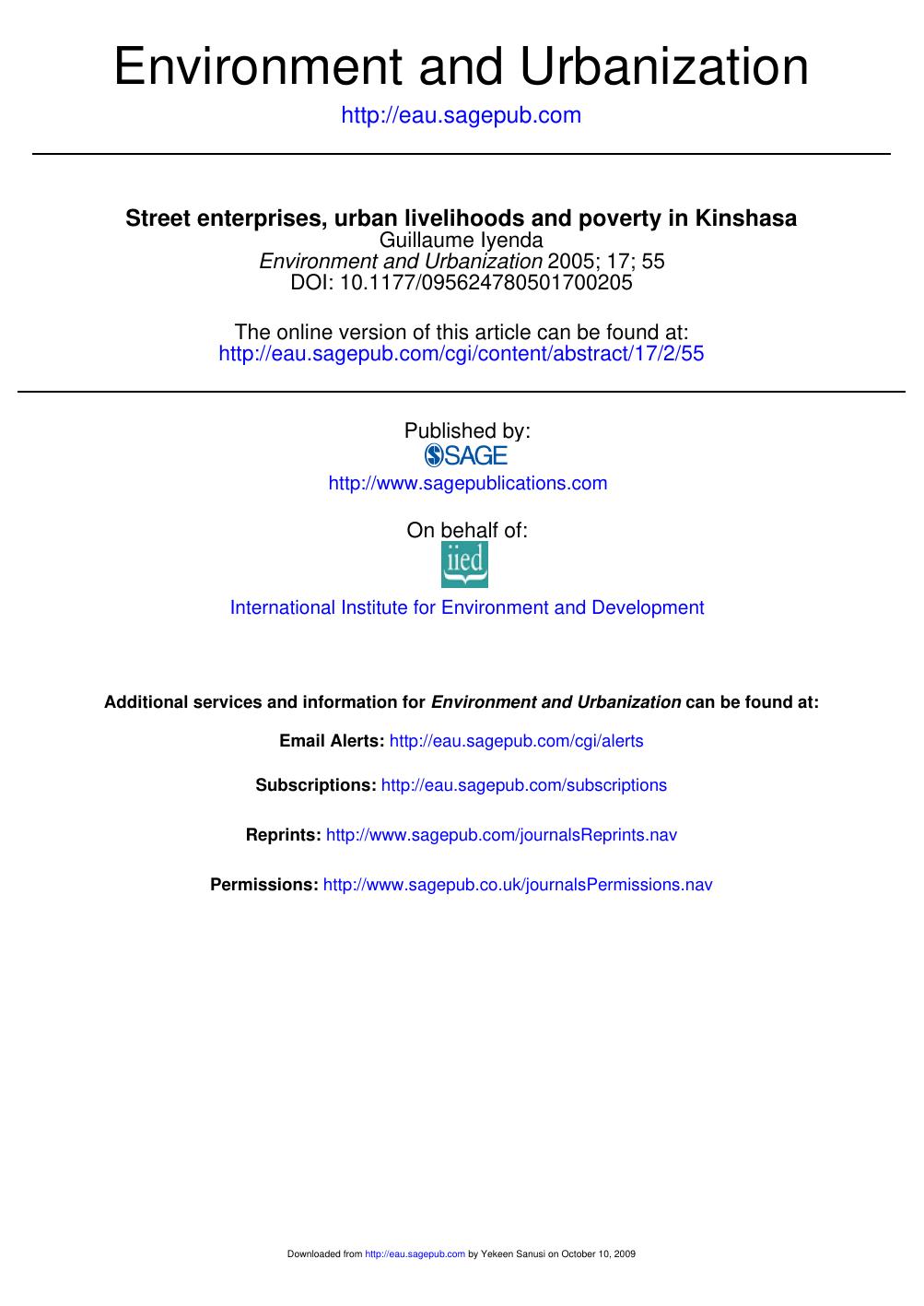 Street enterprises, urban livelihoods and poverty in Kinshasa. 2005