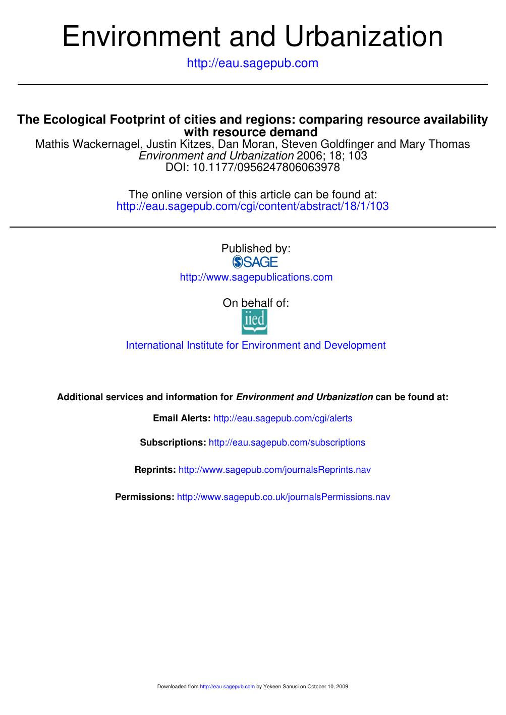 The Ecological Footprint of cities and regions comparing resource availability with resources demand, 2006