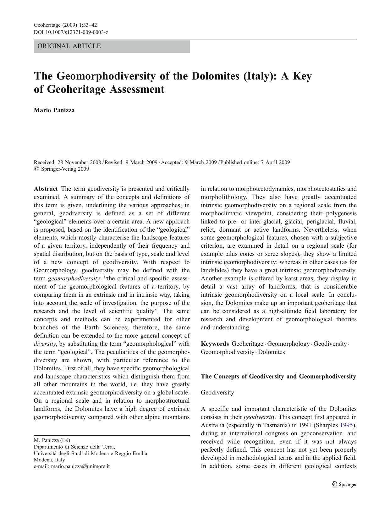 The Geomorphodiversity of the Dolomites Italy. 2009