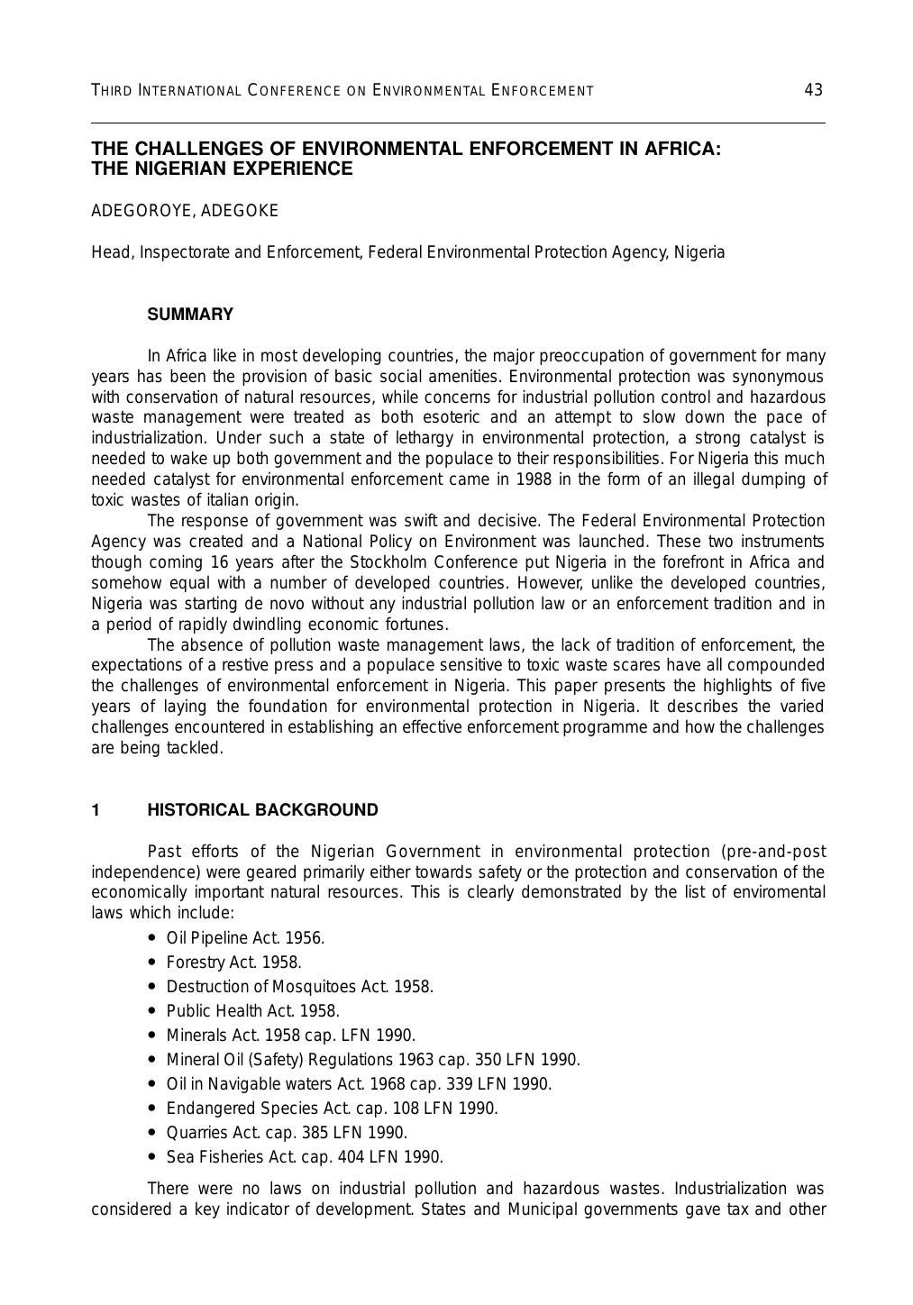 THE CHALLENGES OF ENVIRONMENTAL ENFORCEMENT IN AFRICA -THE NIGERIAN EXPERIENCE