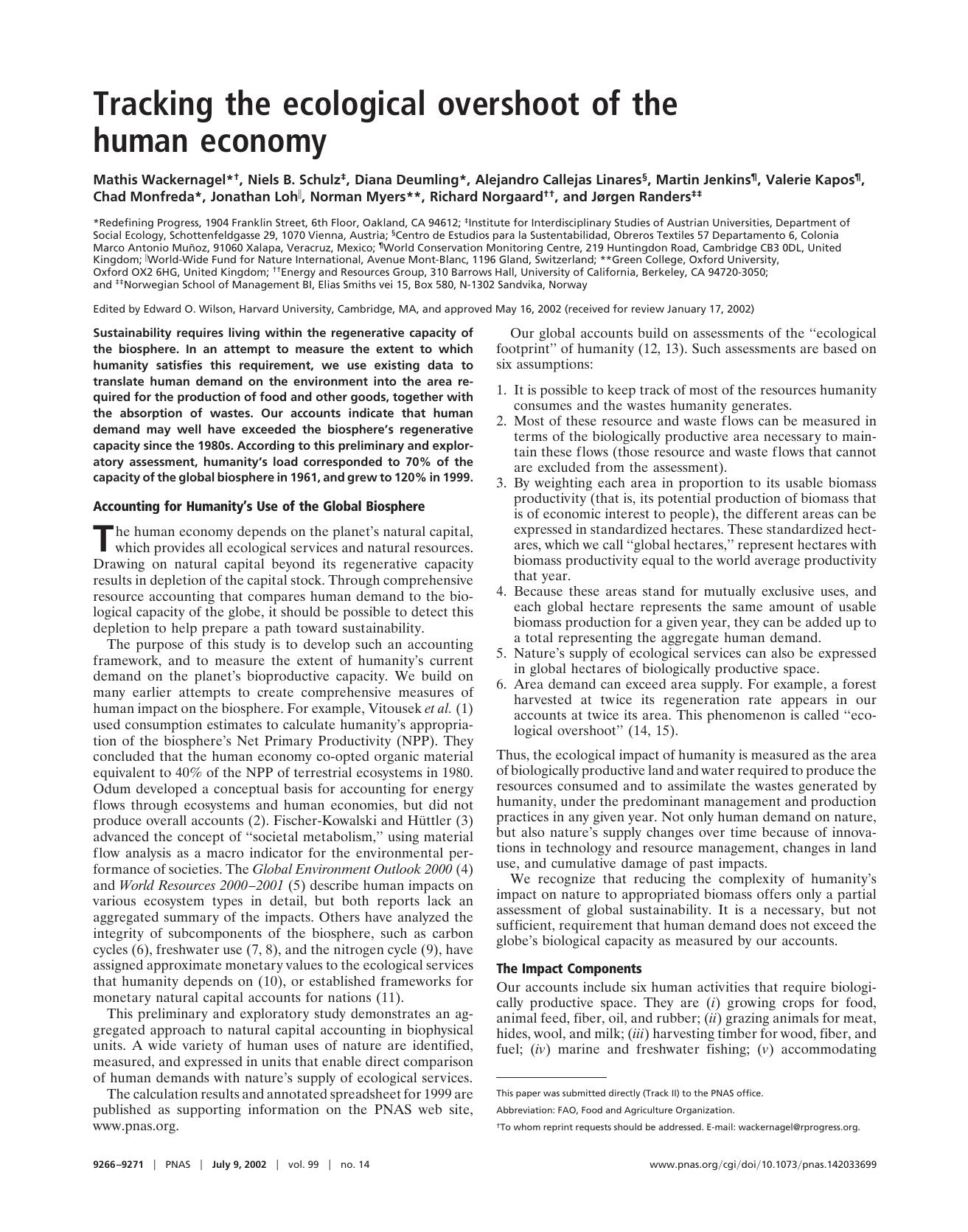 Tracking the ecological overshoot of the human economy, 2002