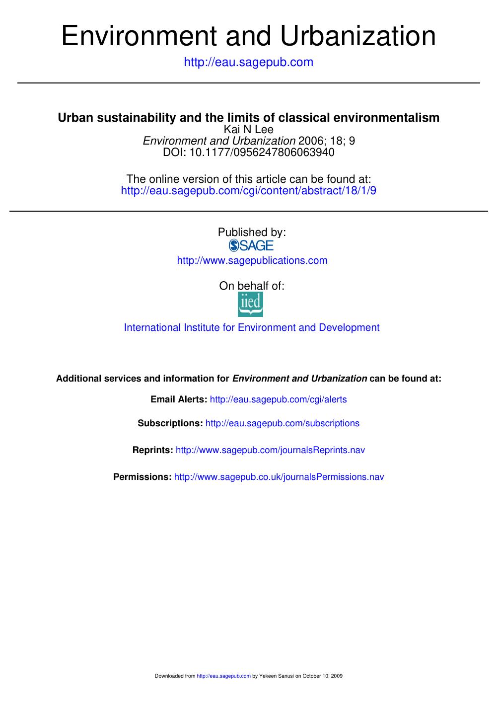 Urban sustainability and the limits of classical environmentalism. 2006