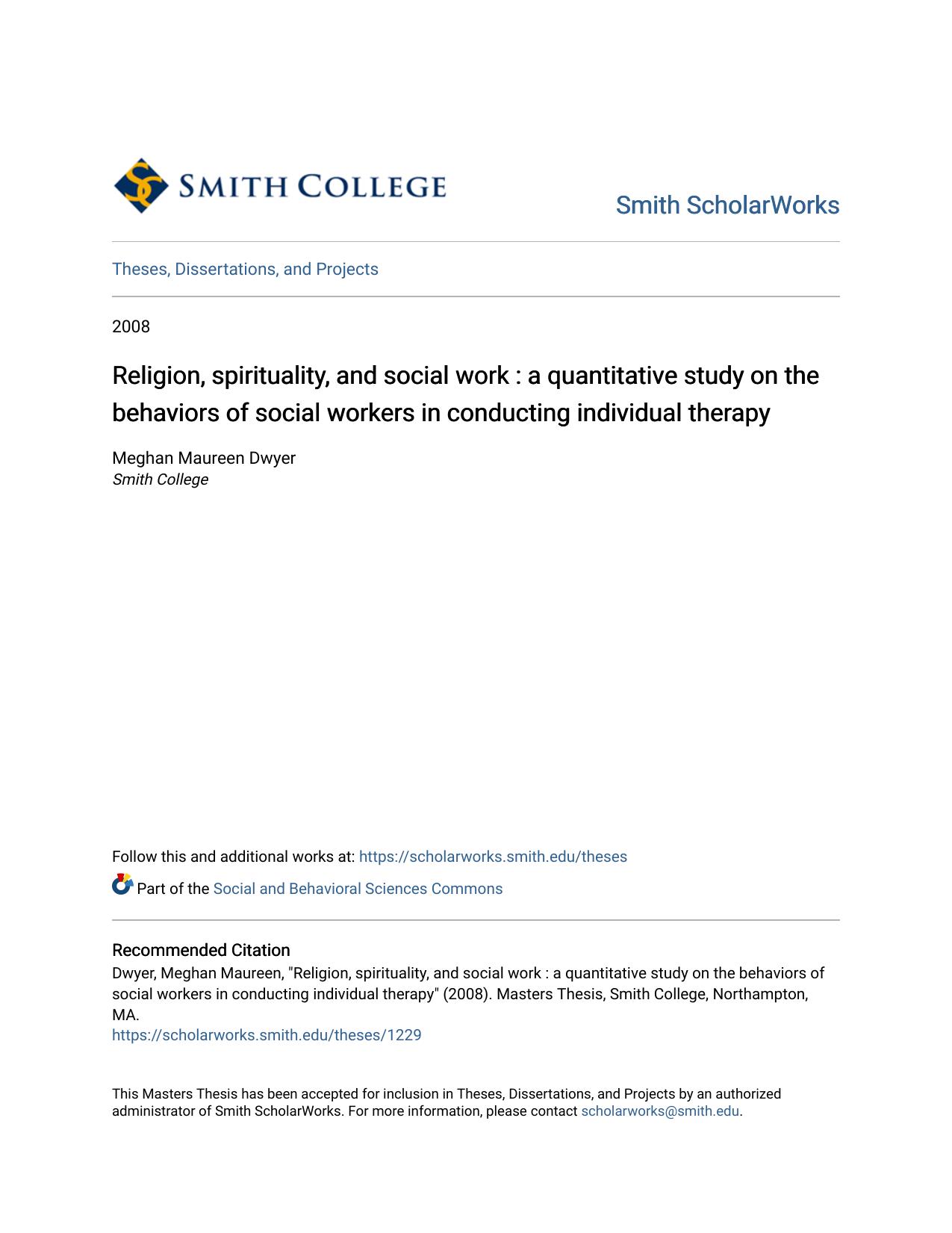 Religion, spirituality, and social work : a quantitative study on the behaviors of social workers in conducting individual therapy