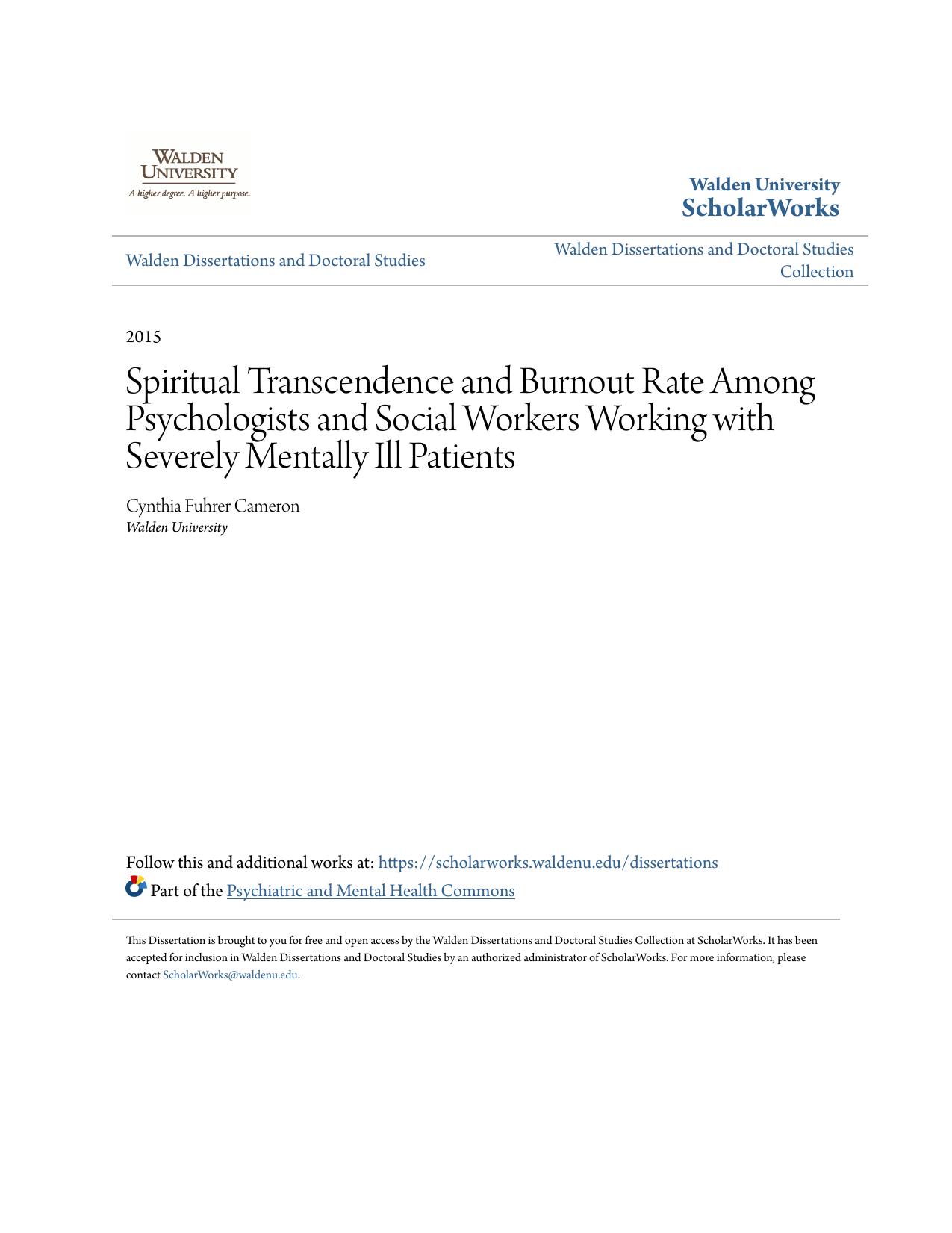 Spiritual Transcendence and Burnout Rate Among Psychologists and Social Workers Working with Severely Mentally Ill Patients