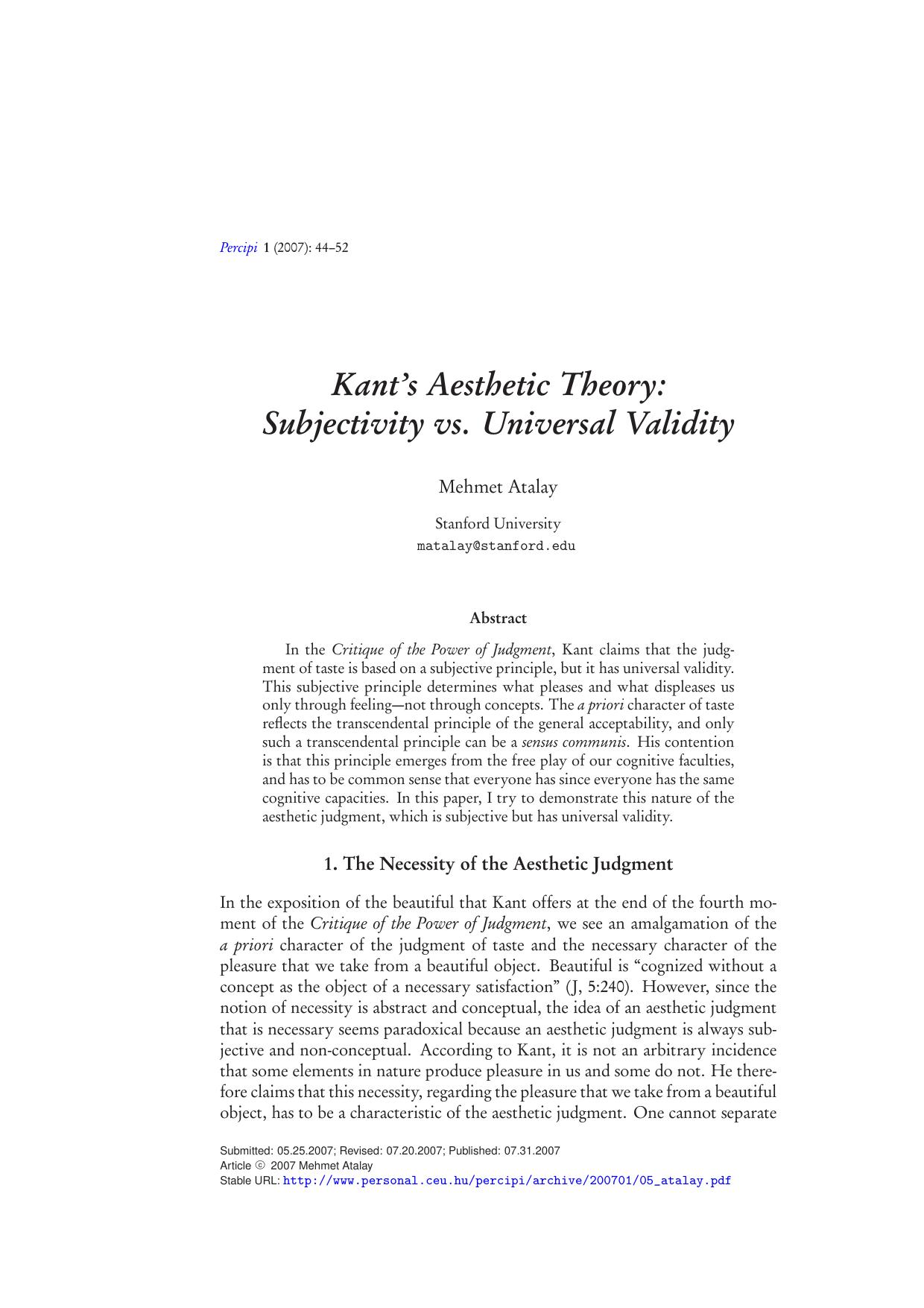 Kant's Aesthetic Theory: Subjectivity vs. Universal Validity