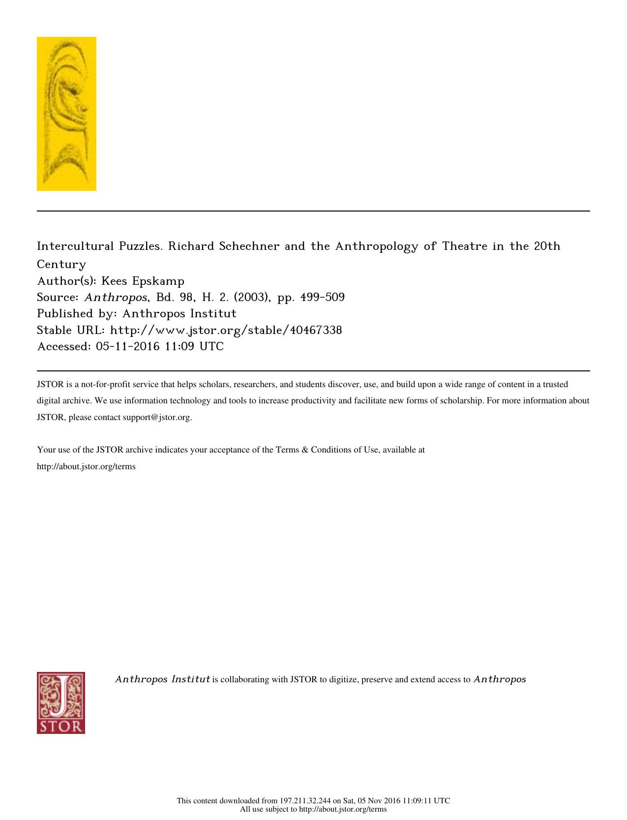 Intercultural Puzzles. Richard Schechner and the Anthropology of Theatre in the 20th Century