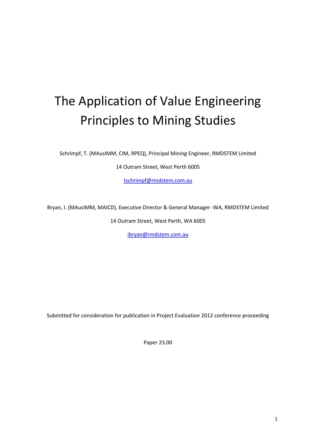 The Application of ValueEng Principles to Mining Studes 2012