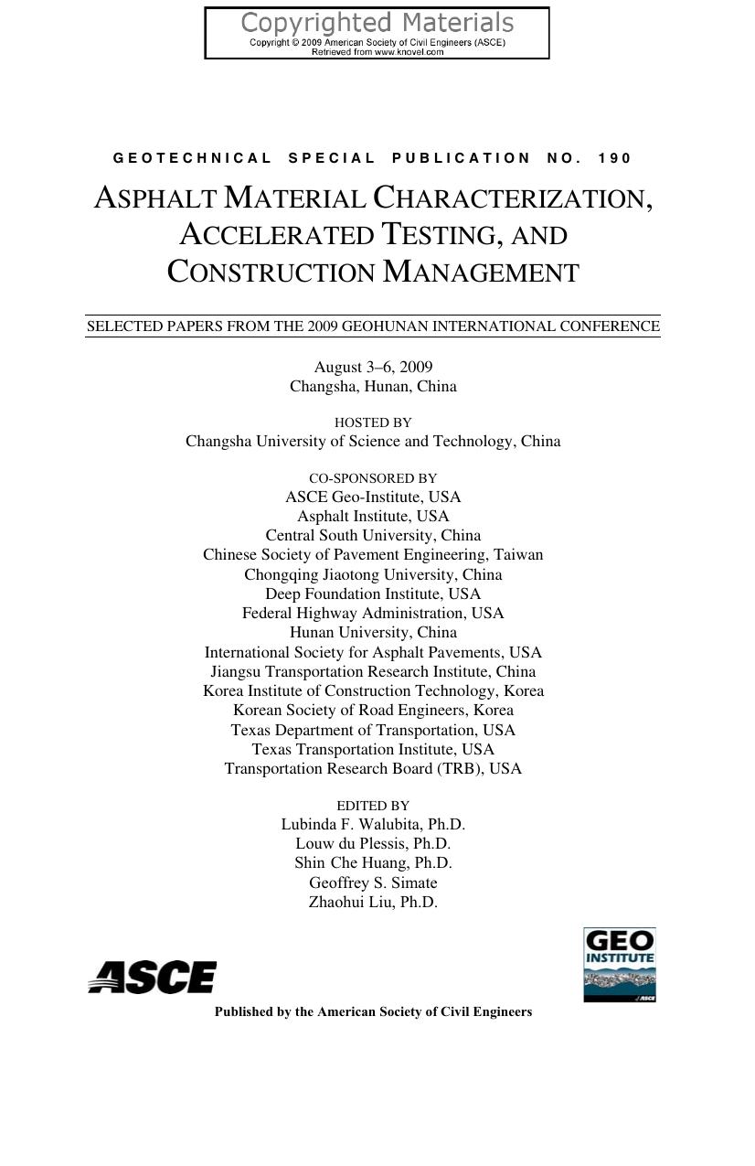 Asphalt Material Characterization, Accelerated Testing, and Construction Management 2009