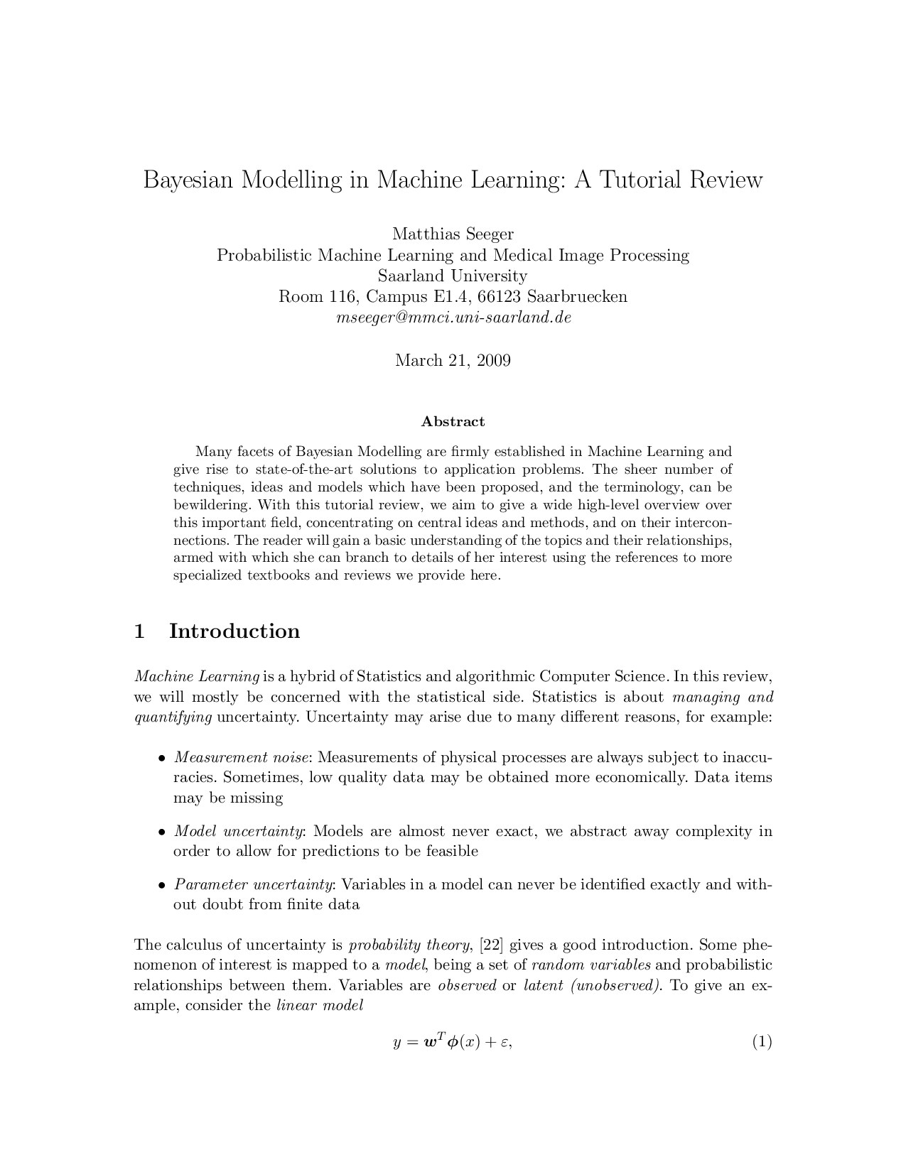 Bayesian Modelling in Machine Learning- A Tutorial Review