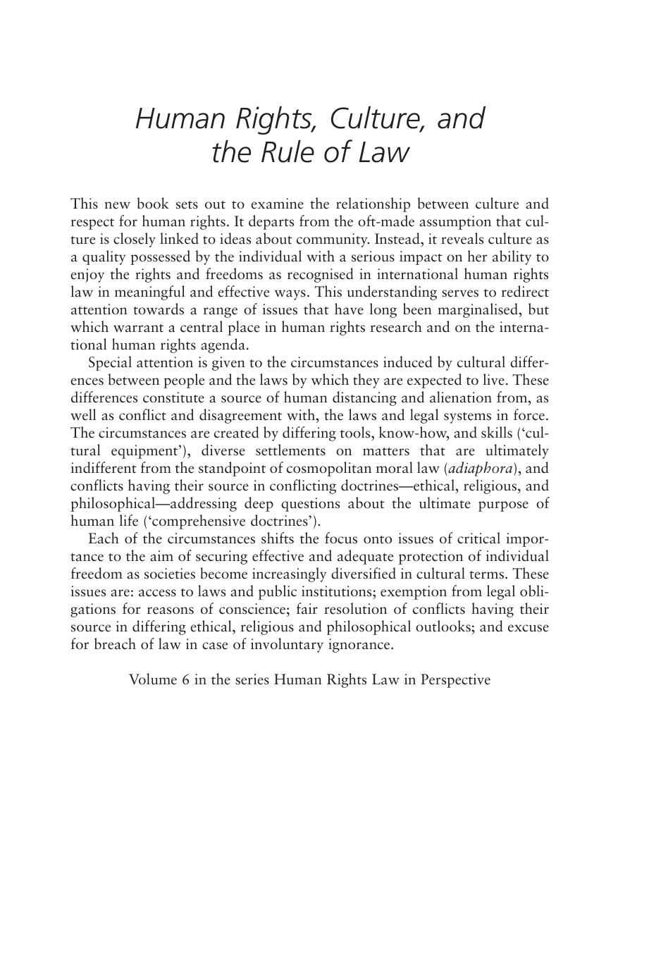 Human Rights, Culture, and the Rule of Law (Human Rights Law in Perspective) 2005