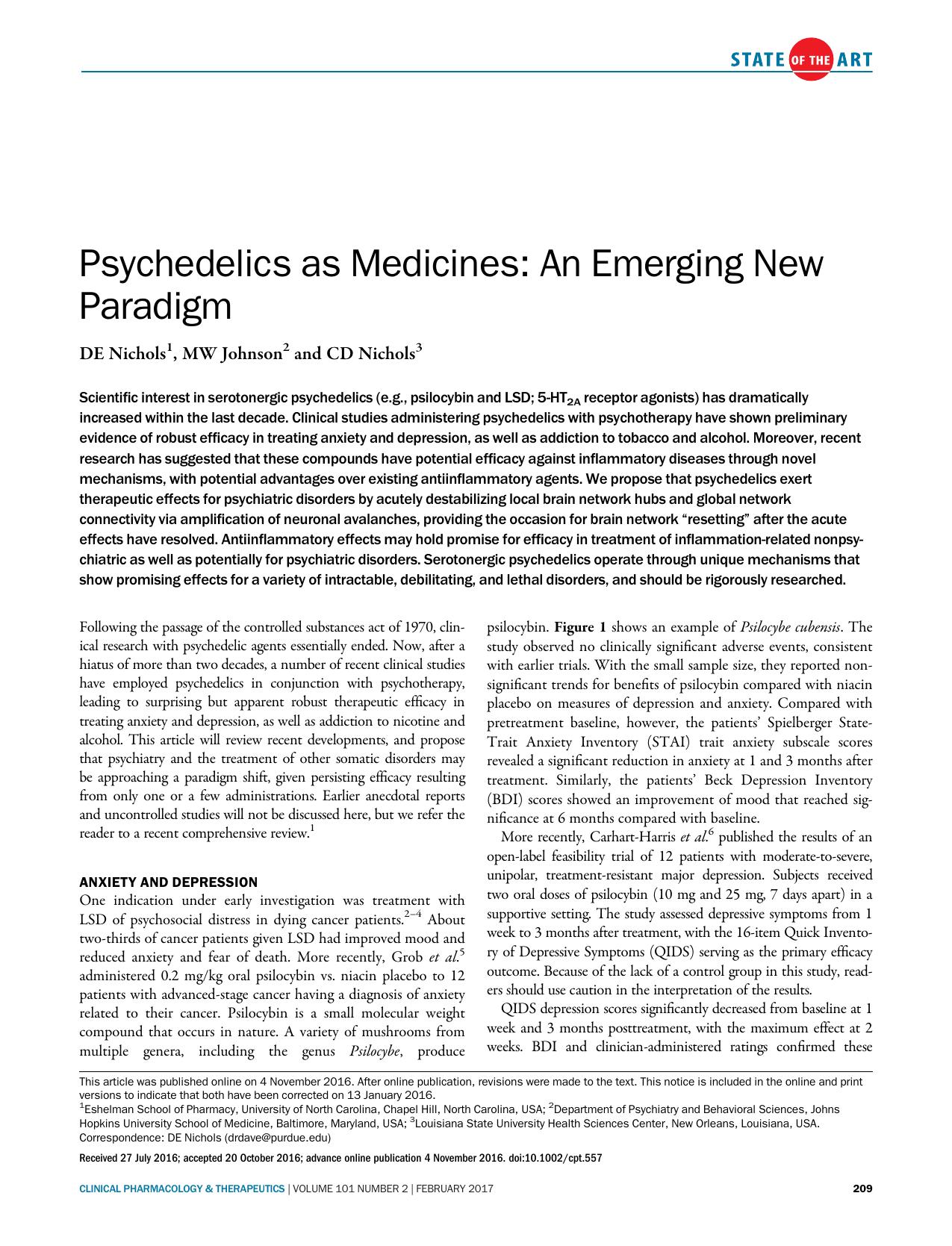 Psychedelics as Medicines: An Emerging New Paradigm