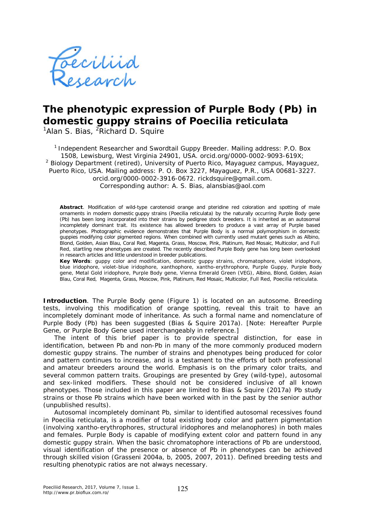 The phenotypic expression of Purple Body (Pb) in domestic guppy strains of Poecilia reticulata-AACL Bioflux   Aquacultu 2017
