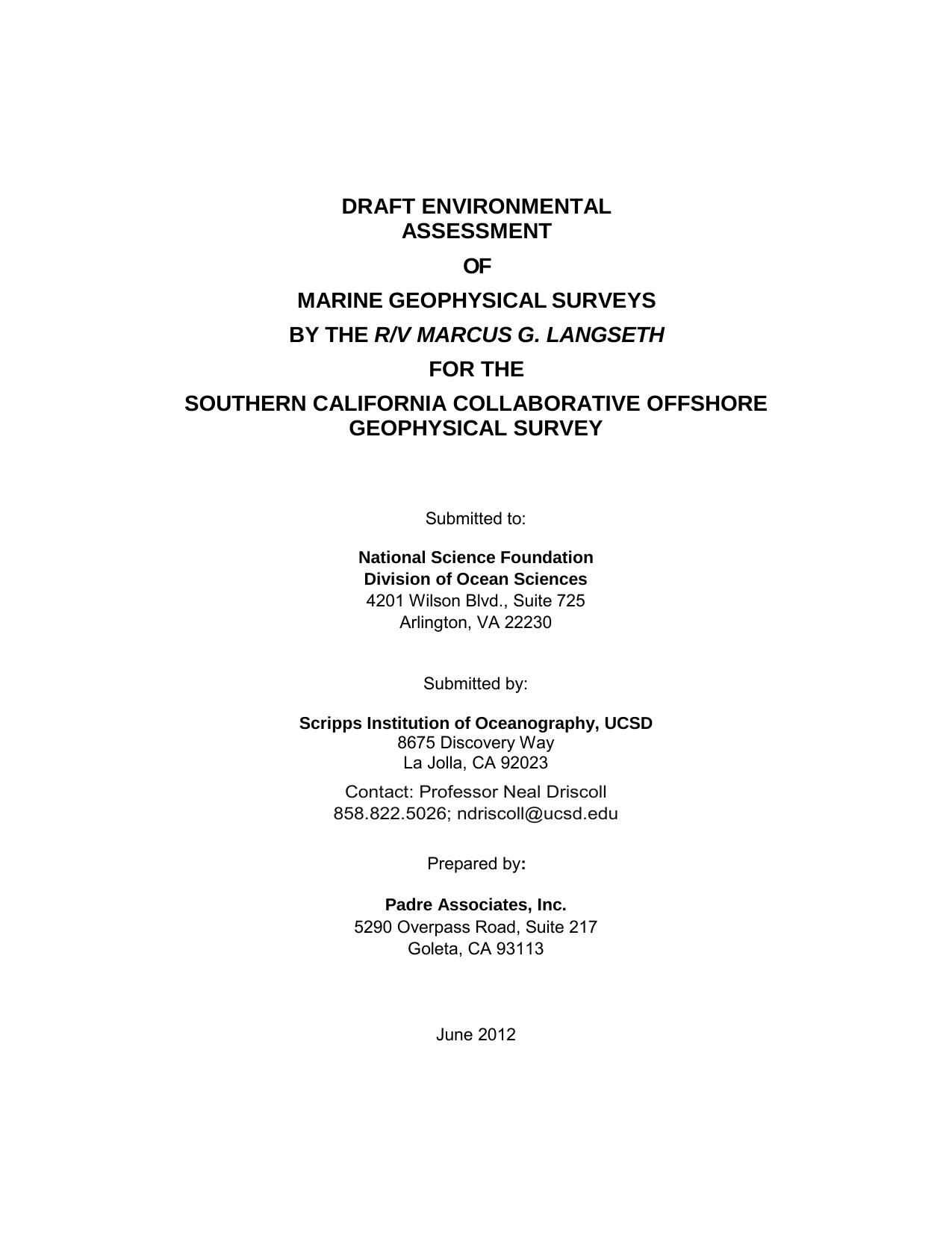 Draft Environmental assessment of marine geophysical surveys 2012