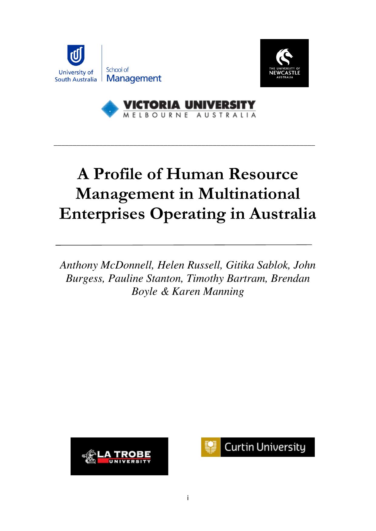 A Profile of Human Resource management in multinational enterprises operating in Australia 2011