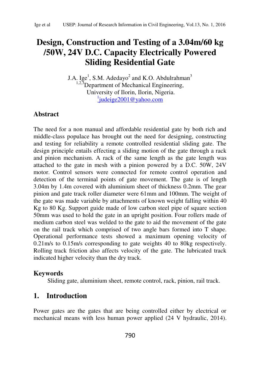 Design- Construction and Testing of Electrically Powered Sliding Residential Gate 2016