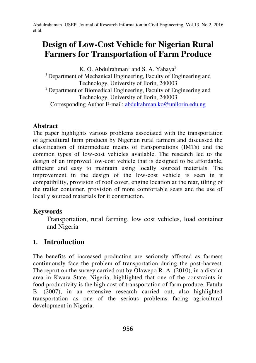 Design of Low-Cost Vehicle for Nigerian Rural Farmers for Transportation of Farm Produce 2016