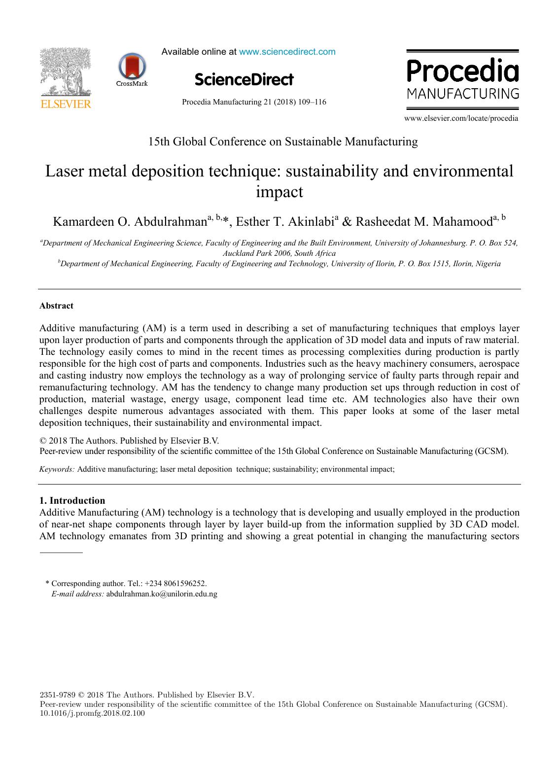 Laser metal deposition technique-Sustainability and environmental impact 2018