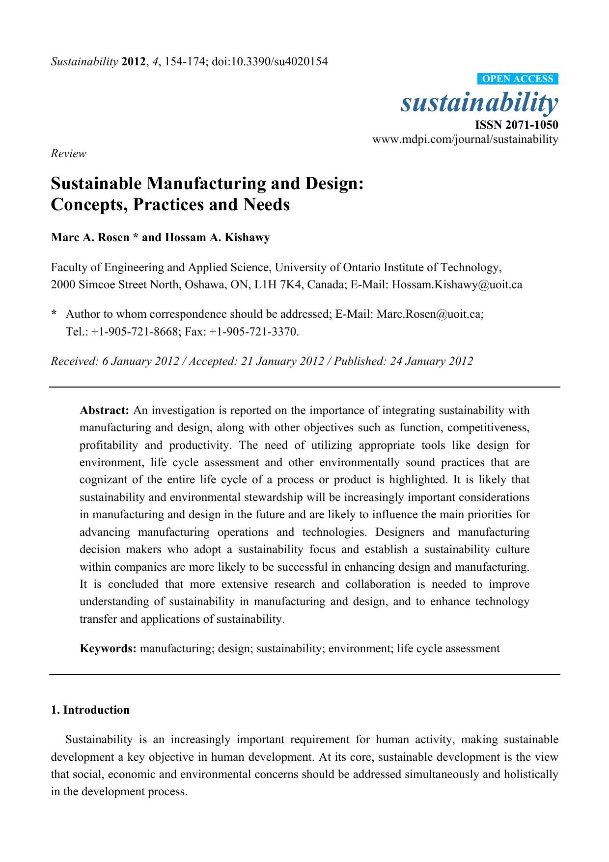 Sustainable Manufacturing and Design: Concepts, Practices and Needs